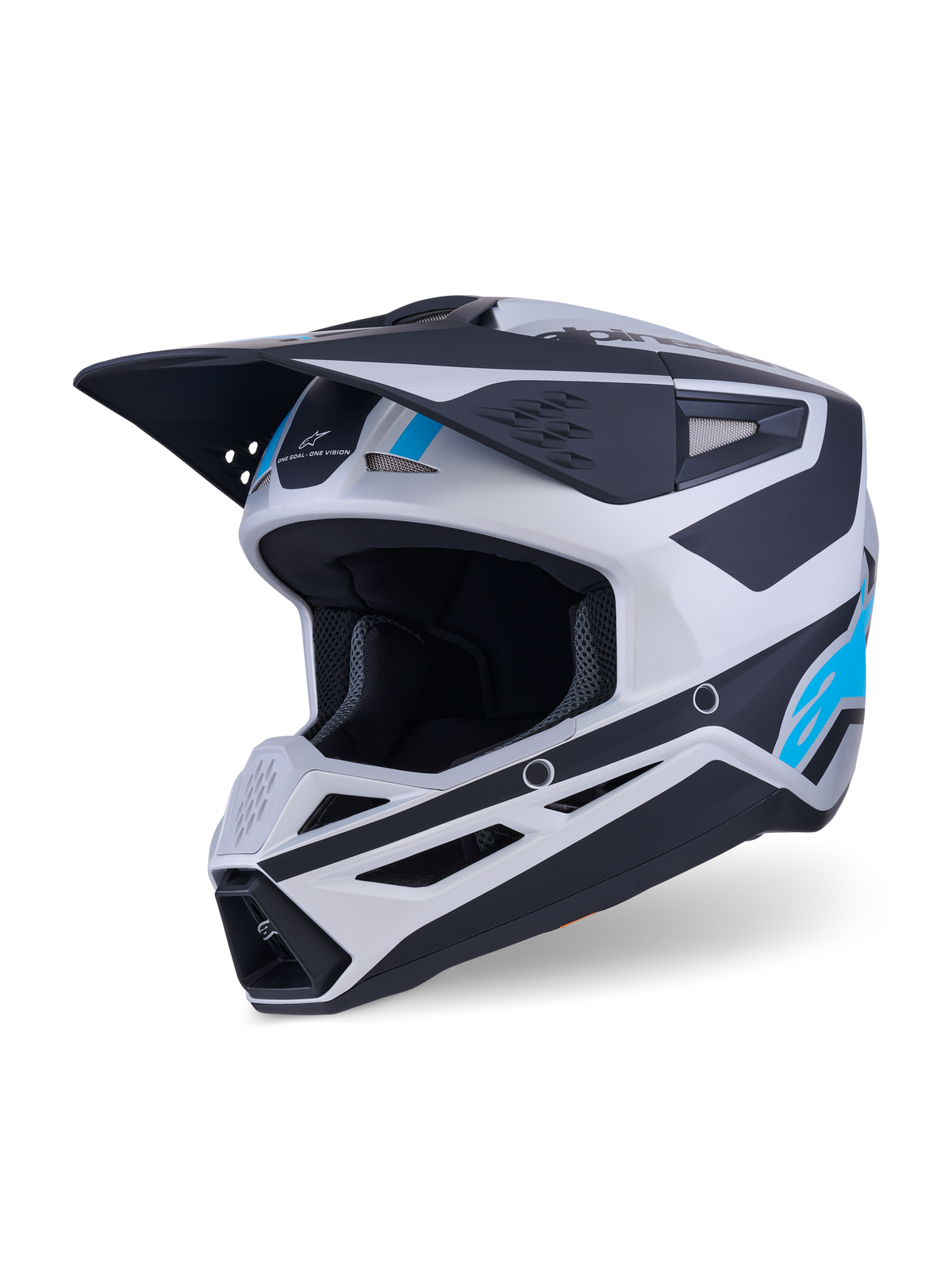 Casque Alpinestars S-M3 Heat, casque de motocross, argent, bleu et noir mat, doté d'une visière aérodynamique, de multiples ports de ventilation et d'accents graphiques audacieux, équipement de protection pour moto tout-terrain