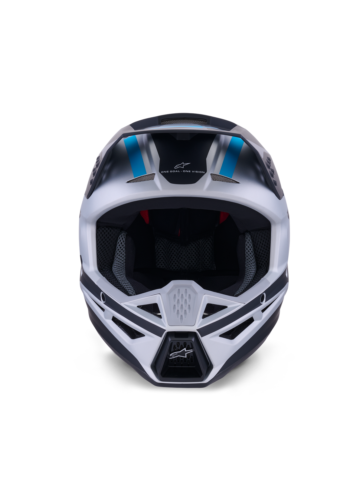 Casque Alpinestars S-M3 Heat, casque de motocross, bleu argenté et noir mat, vue de face mettant en avant le système de ventilation, la large ouverture faciale et le rembourrage intérieur en mesh, arborant le slogan de la marque « ONE GOAL ONE VISION » sur le front.