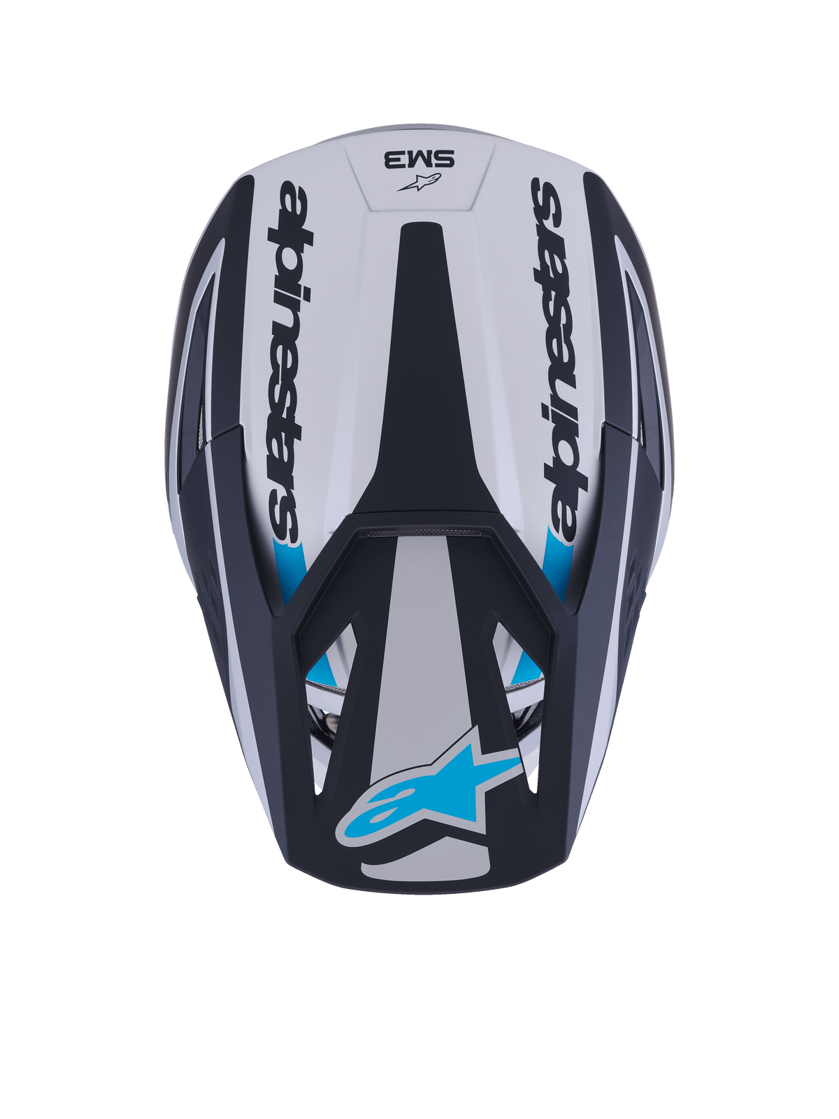 Casque Alpinestars S-M3 Heat, casque de motocross, vue de dessus, bleu argenté et noir mat, avec lettrage Alpinestars sur les côtés, logo Astar bleu sur la visière et design de coque aérodynamique avec une finition mate.