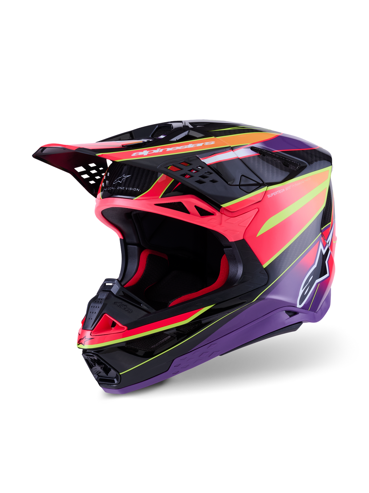 Alpinestars Supertech M10 Era Helmet, Motocross Helmet, Pink Violet and Yellow Fluo Glossy, featuring a multi-composite carbon shell, aerodynamic design with 28 ventilation ports, glossy finish with vibrant graphics and Alpinestars branding, professional off-road racing gear