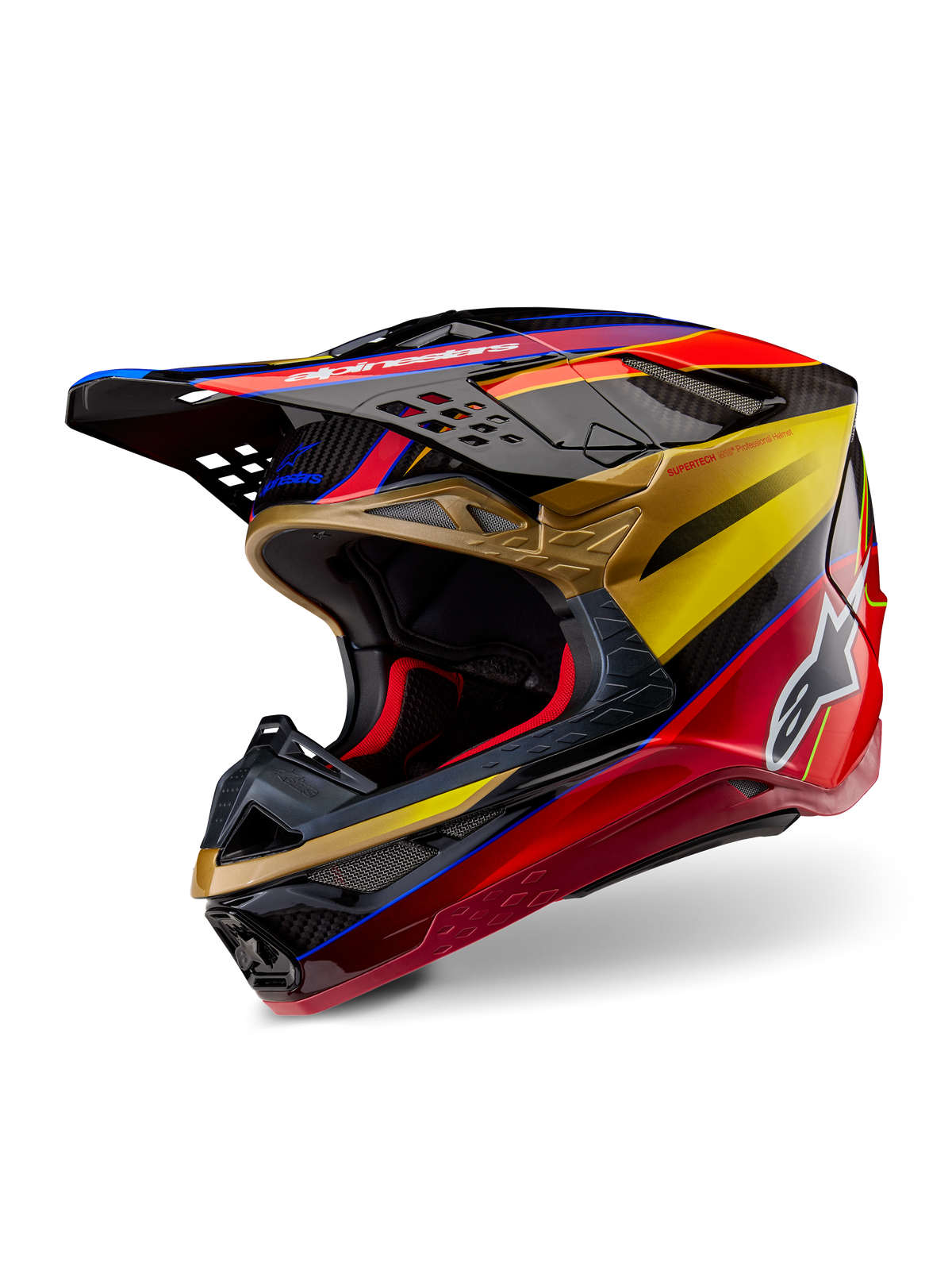 Casque Alpinestars Supertech M10 Era, casque de motocross, Or Jaune Rouge Rio Brillant, coque aérodynamique en fibre de carbone avec graphismes rouge et or éclatants, doté de multiples orifices d'admission et d'échappement, logo Alpinestars blanc et finition brillante