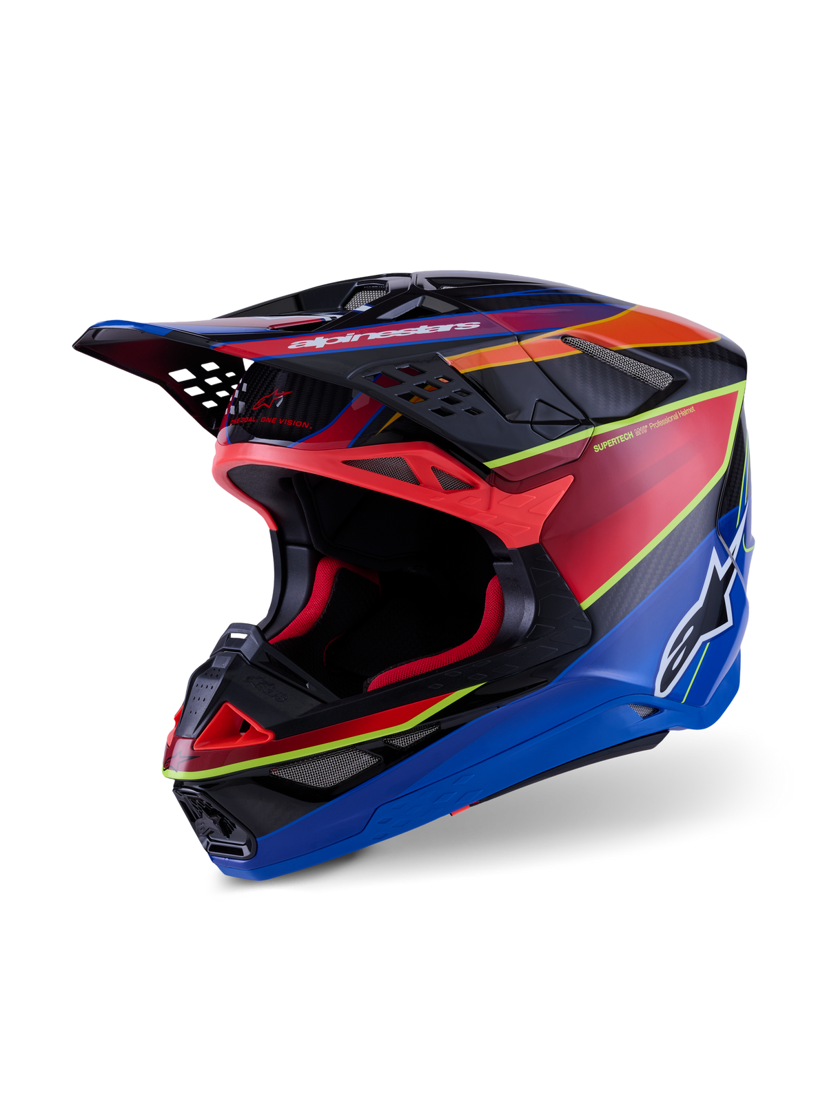 Casque Alpinestars Supertech M10 Era, casque de motocross, bleu, rouge et jaune fluo brillant, conception de coque professionnelle en carbone multi-composite avec ports de ventilation avancés et visière aérodynamique pour la course tout-terrain