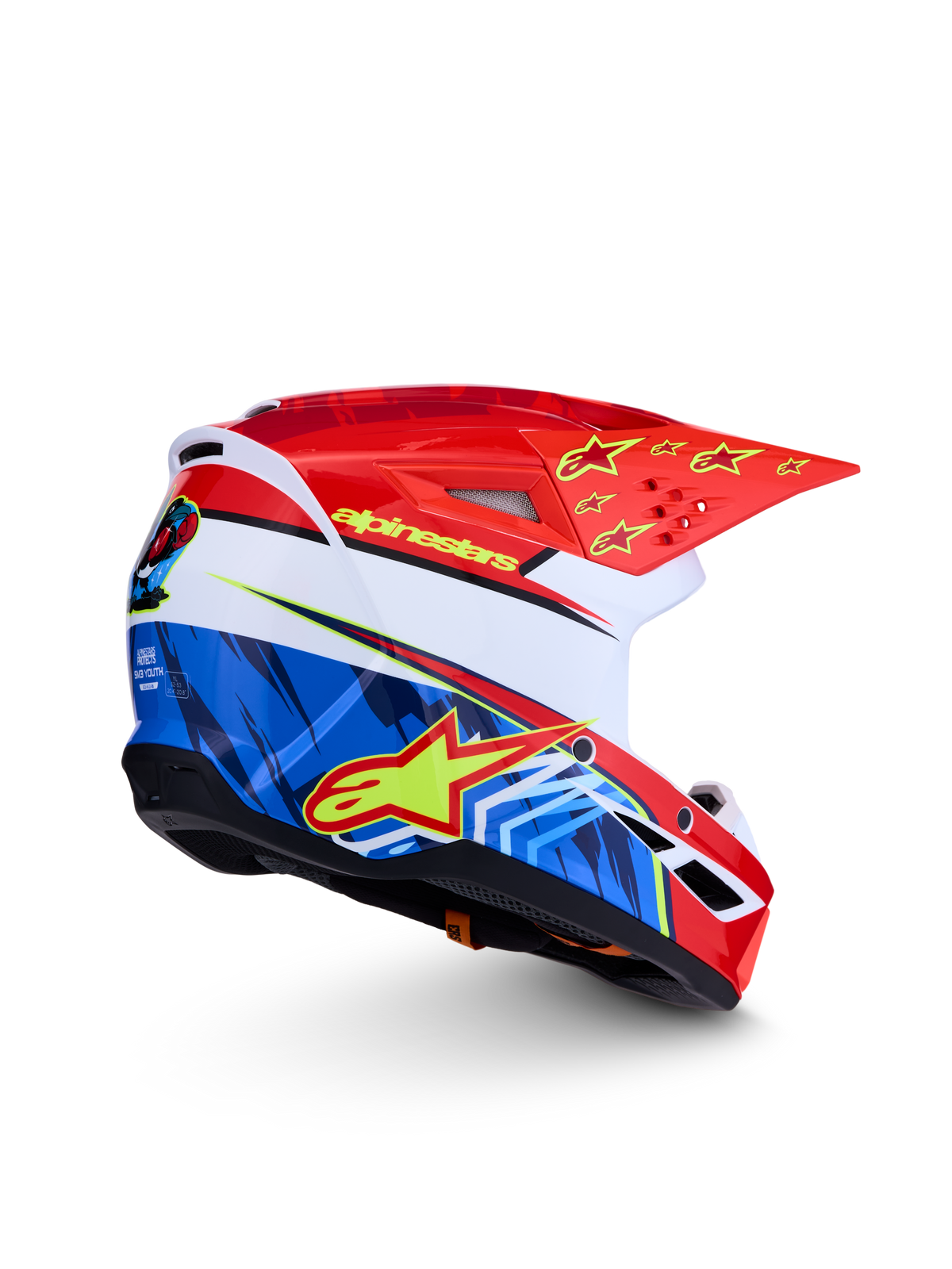 Casque Alpinestars SM3 Falcon Junior ECE06, casque de motocross tout-terrain, rouge, bleu et blanc avec graphismes d'étoiles jaunes, certifié ECE 2206