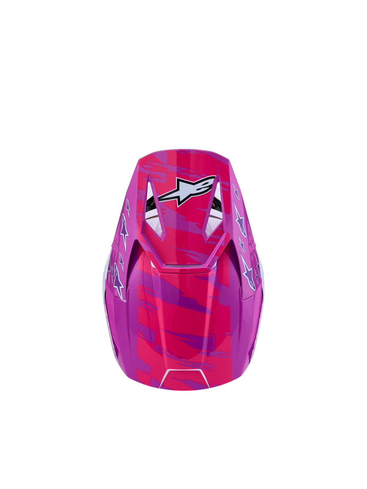 Casque Alpinestars SM3 Falcon Junior ECE06, casque de motocross pour enfant, violet et rose fluo, graphismes d'étoiles blanches, vue de dessus