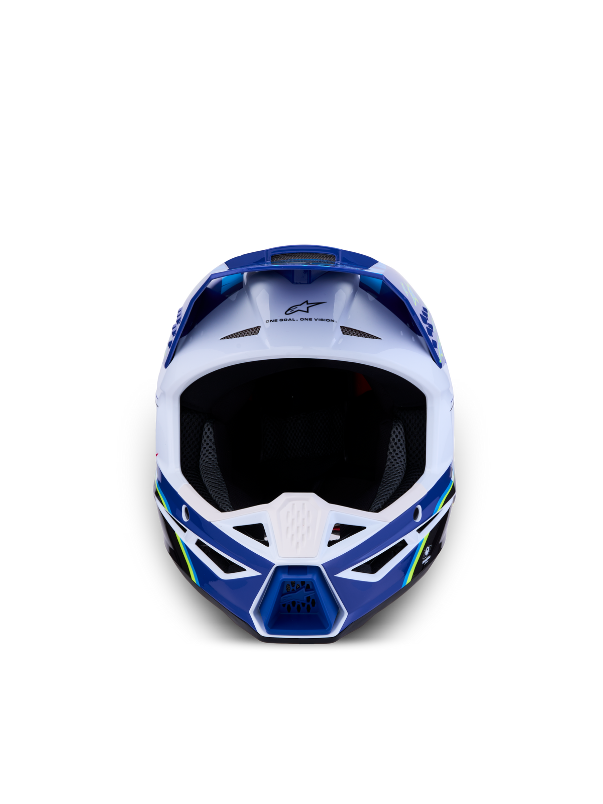 Casque Alpinestars SM3 Falcon Junior, casque de motocross bleu et blanc, certifié ECE 2206, vue de face avec ventilation.