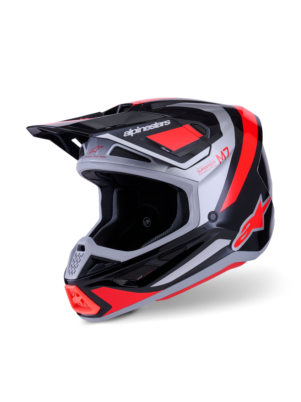 Casque Alpinestars S-M7 Rise, casque de motocross, noir, argent et rouge fluo brillant, coque composite aérodynamique avec plusieurs ouvertures de ventilation, visière réglable et logos distinctifs pour la course tout-terrain