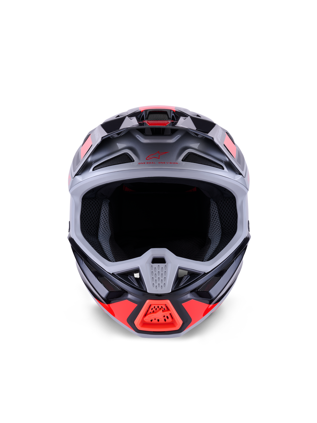 Casque Alpinestars S-M7 Rise, casque de motocross, noir, argent et rouge fluo brillant, vue de face montrant la coque composite aérodynamique, plusieurs prises d'air et une large ouverture frontale, conçu pour la protection en course tout-terrain