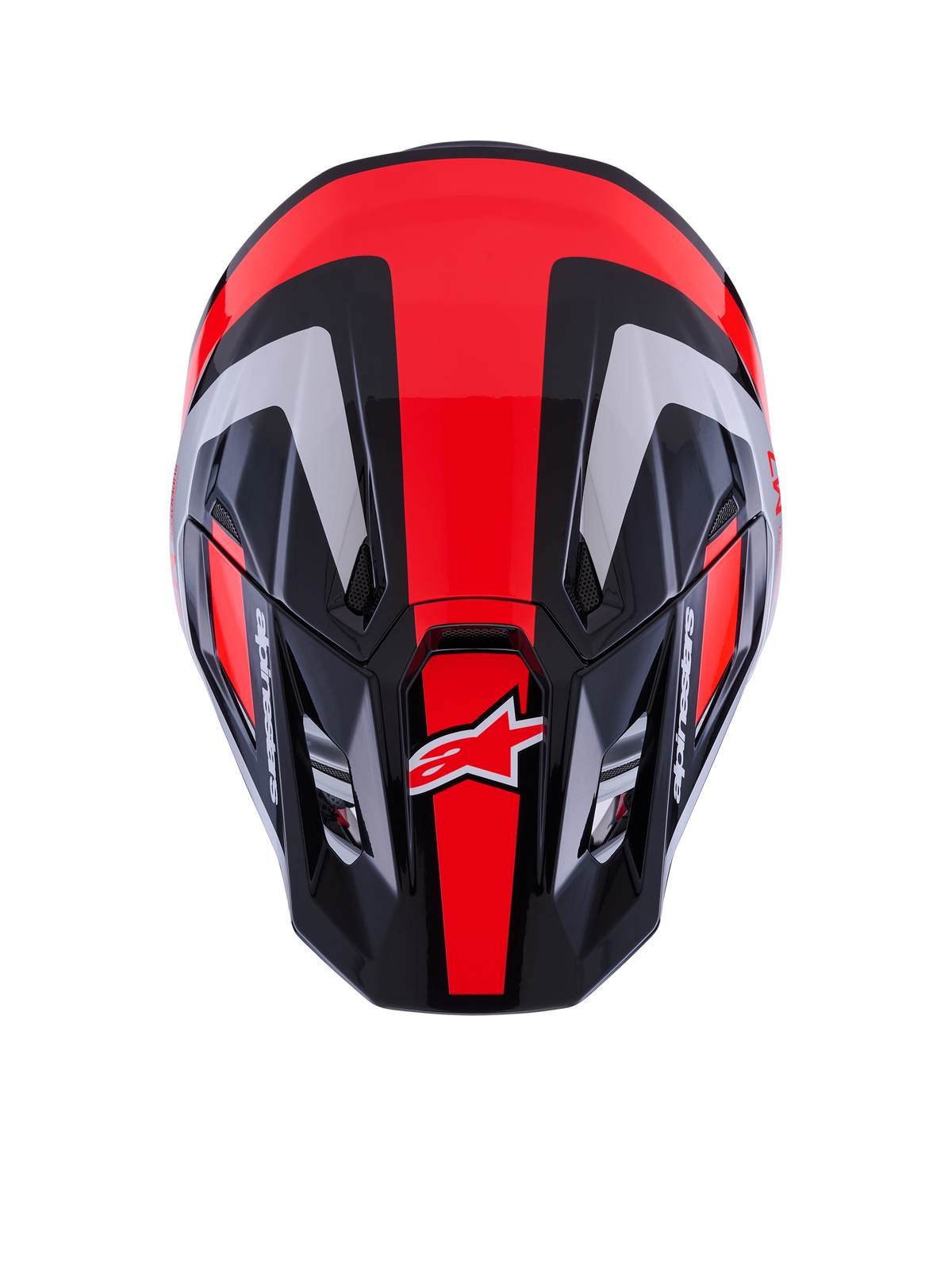 Alpinestars S-M7 Rise Helmet ECE 22.06, casque de motocross, noir, argent et rouge fluo brillant, vue de dessus montrant la coque aérodynamique avec des ports de ventilation, arborant des bandes rouges fluorescentes et le logo Alpinestars, équipement professionnel pour la course tout-terrain