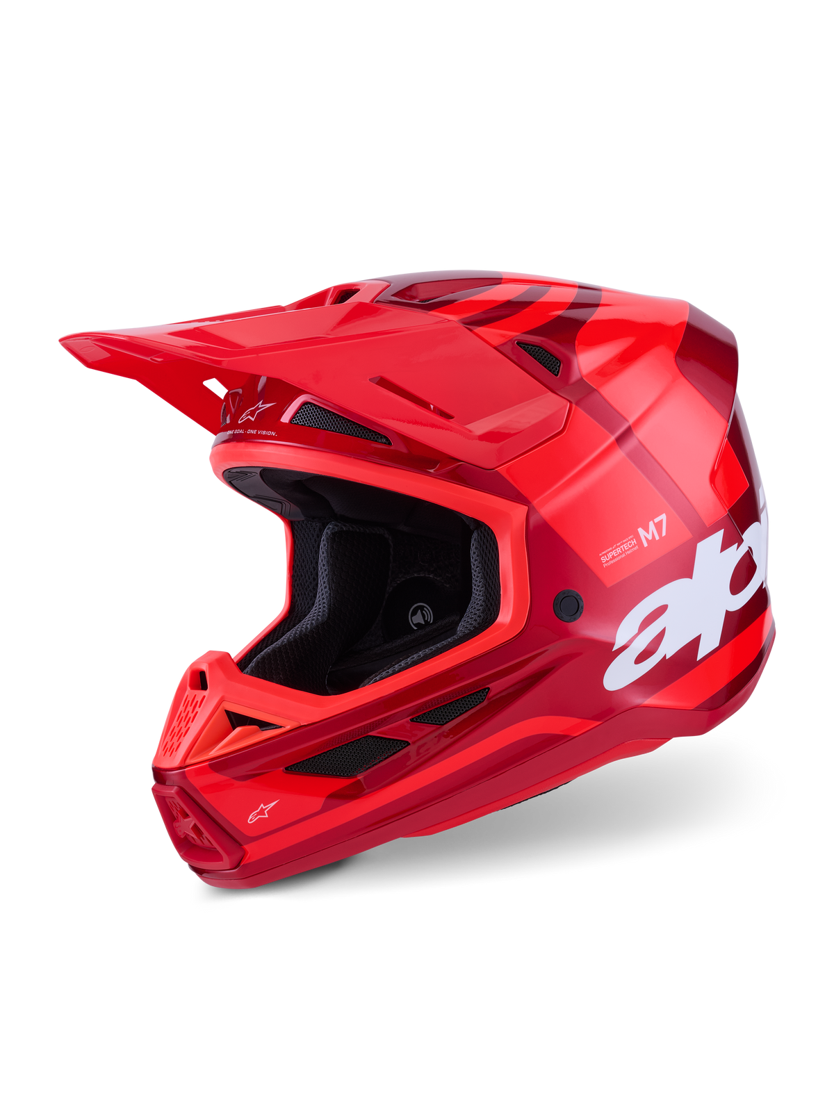 Casque Alpinestars S-M7 Core, casque de motocross, rouge brillant, graphismes rouges multi-tons avec un grand logo blanc, coque composite aérodynamique avec de multiples ouvertures de ventilation et une visière réglable, équipement de course tout-terrain professionnel