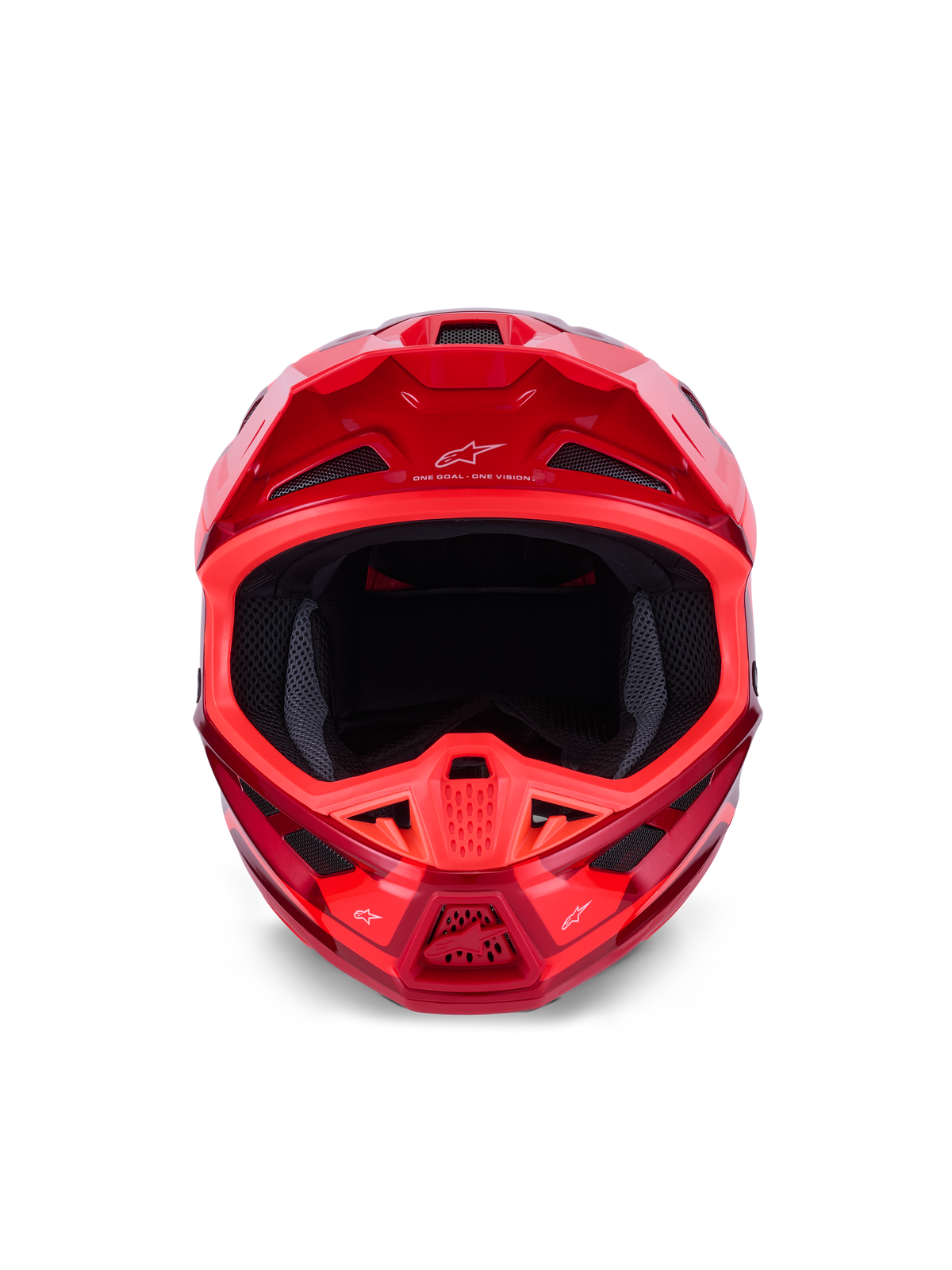 Casque Alpinestars S-M7 Core, casque de motocross, rouge brillant, vue de face montrant plusieurs entrées d'air et un design aérodynamique, logo Astars sur la visière et la mentonnière, équipement de course professionnel tout-terrain