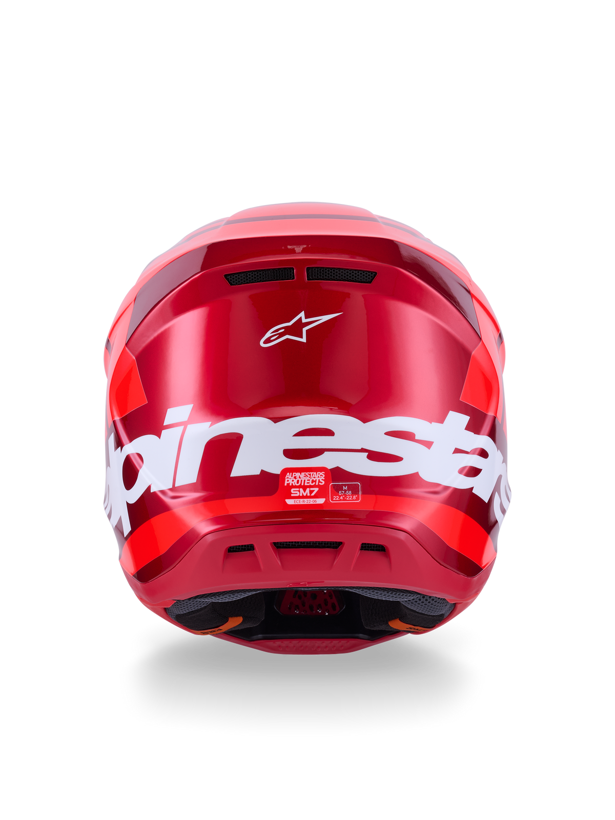 Casque Alpinestars S-M7 Core, rouge brillant, vue arrière avec grand marquage Alpinestars blanc, coque aérodynamique avec ports de ventilation intégrés, protection de tête professionnelle pour le motocross