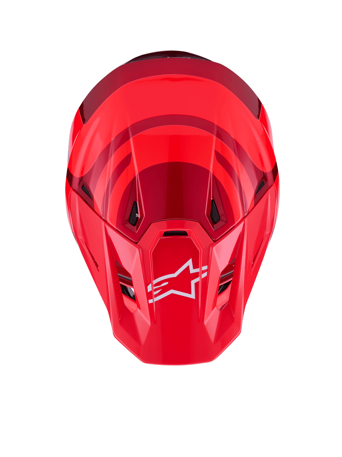 Casque Alpinestars S-M7 Core, rouge brillant, vue de dessus avec coque aérodynamique et accents rouge foncé, logo A-star blanc sur la visière, ports de ventilation intégrés, équipement de protection de motocross haute performance