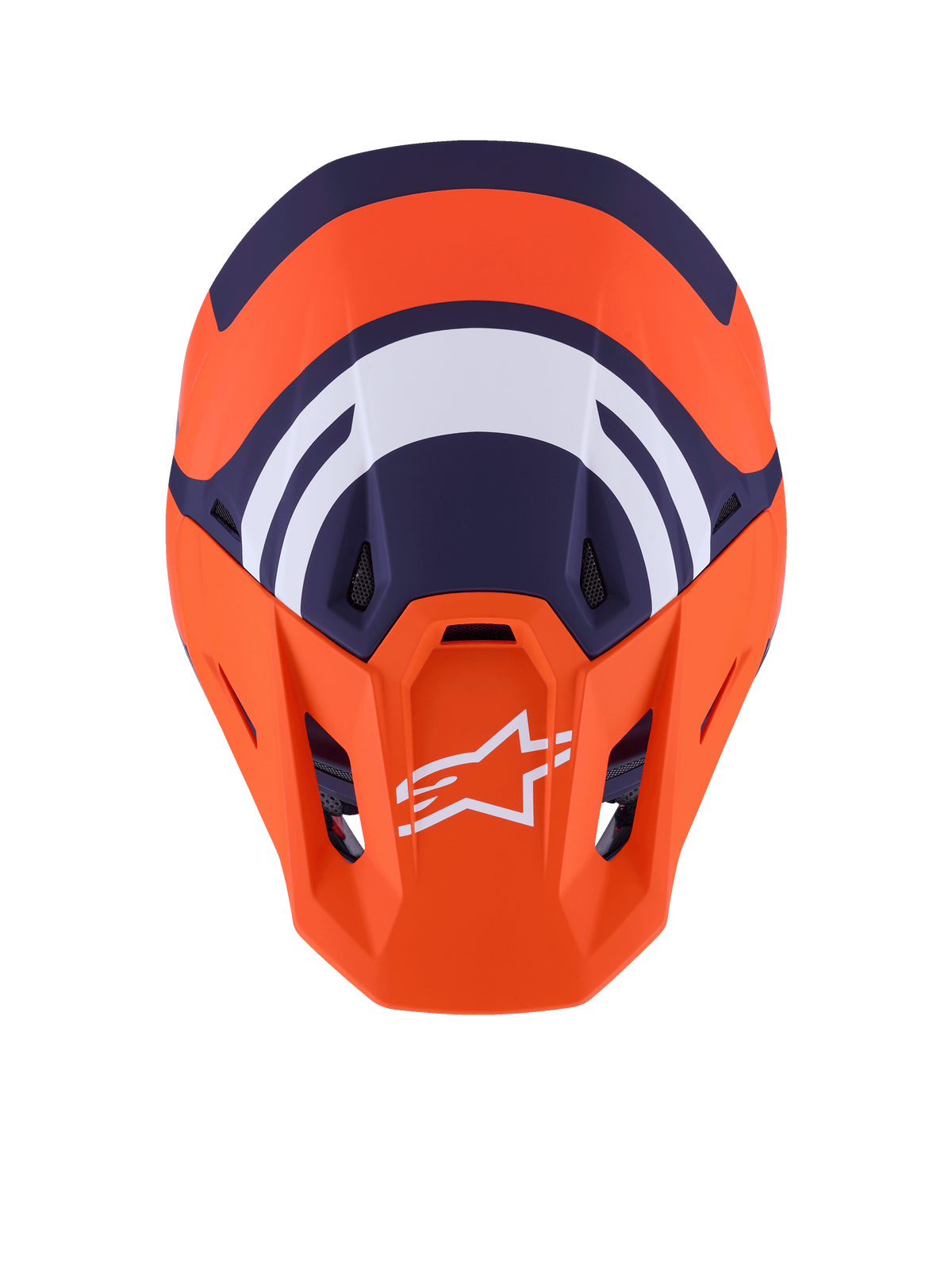 Casque Alpinestars S-M7 Core ECE 22.06, casque de motocross, orange et bleu mat, vue de dessus montrant des graphismes géométriques bleu marine et blancs, logo Alpinestars blanc sur la visière orange, design de coque aérodynamique pour la course tout-terrain