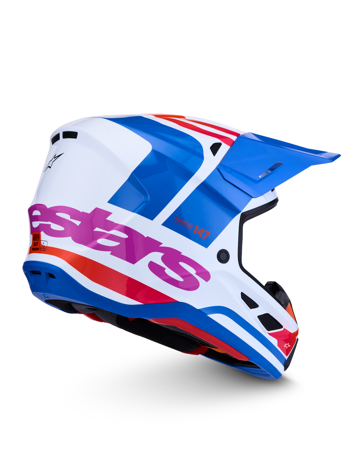 Alpinestars S-M7 Core, casque de motocross blanc et bleu avec accents roses, certifié ECE 22.06, design aérodynamique