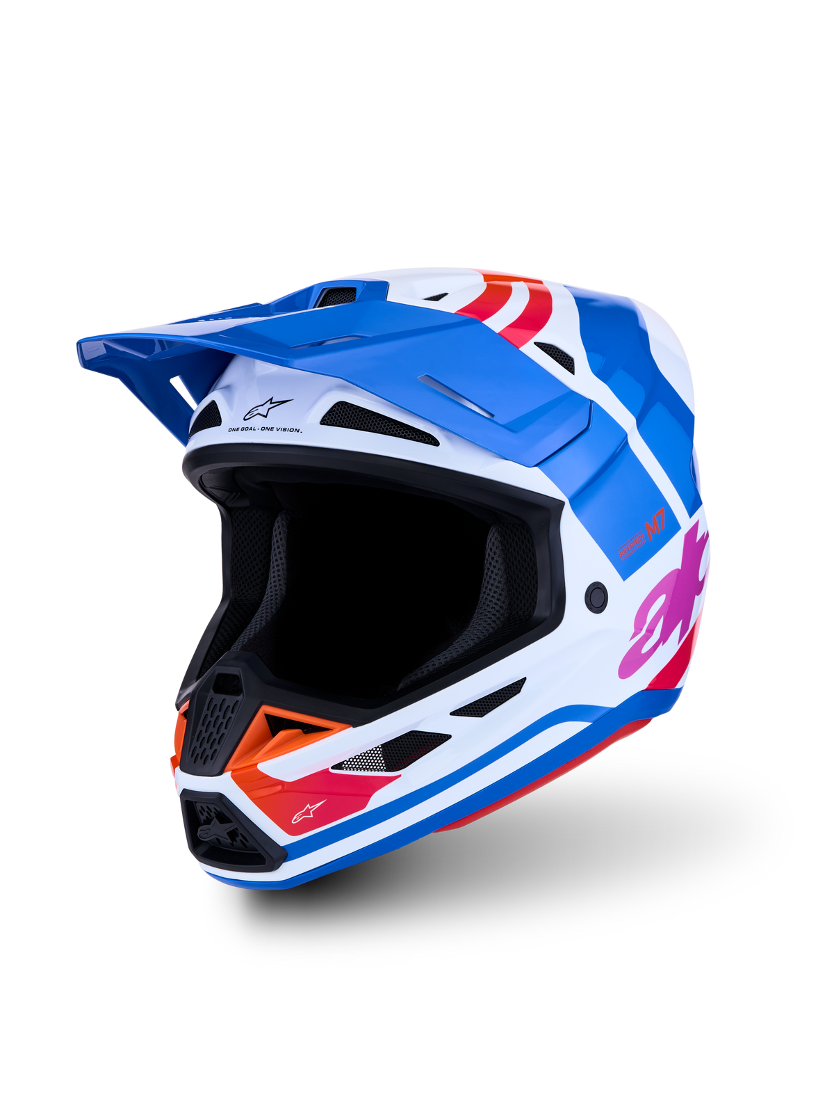 Alpinestars S-M7 Core ECE06, casque de motocross bleu et blanc, graphismes orange et roses brillants, certifié ECE