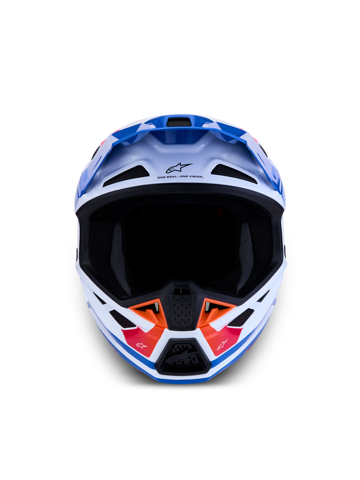 Alpinestars S-M7 Core ECE06, casque de motocross tout-terrain, blanc et bleu avec des accents orange, vue de face, évents de ventilation, certifié ECE 22.06
