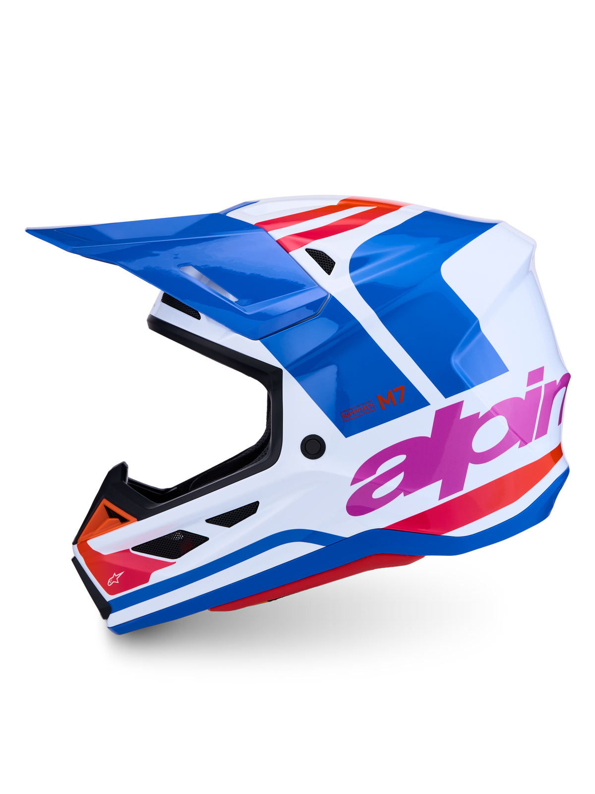 Alpinestars S-M7 Core ECE06, casque de motocross professionnel, bleu et blanc avec accents rose et orange, certifié ECE 22.06, finition brillante