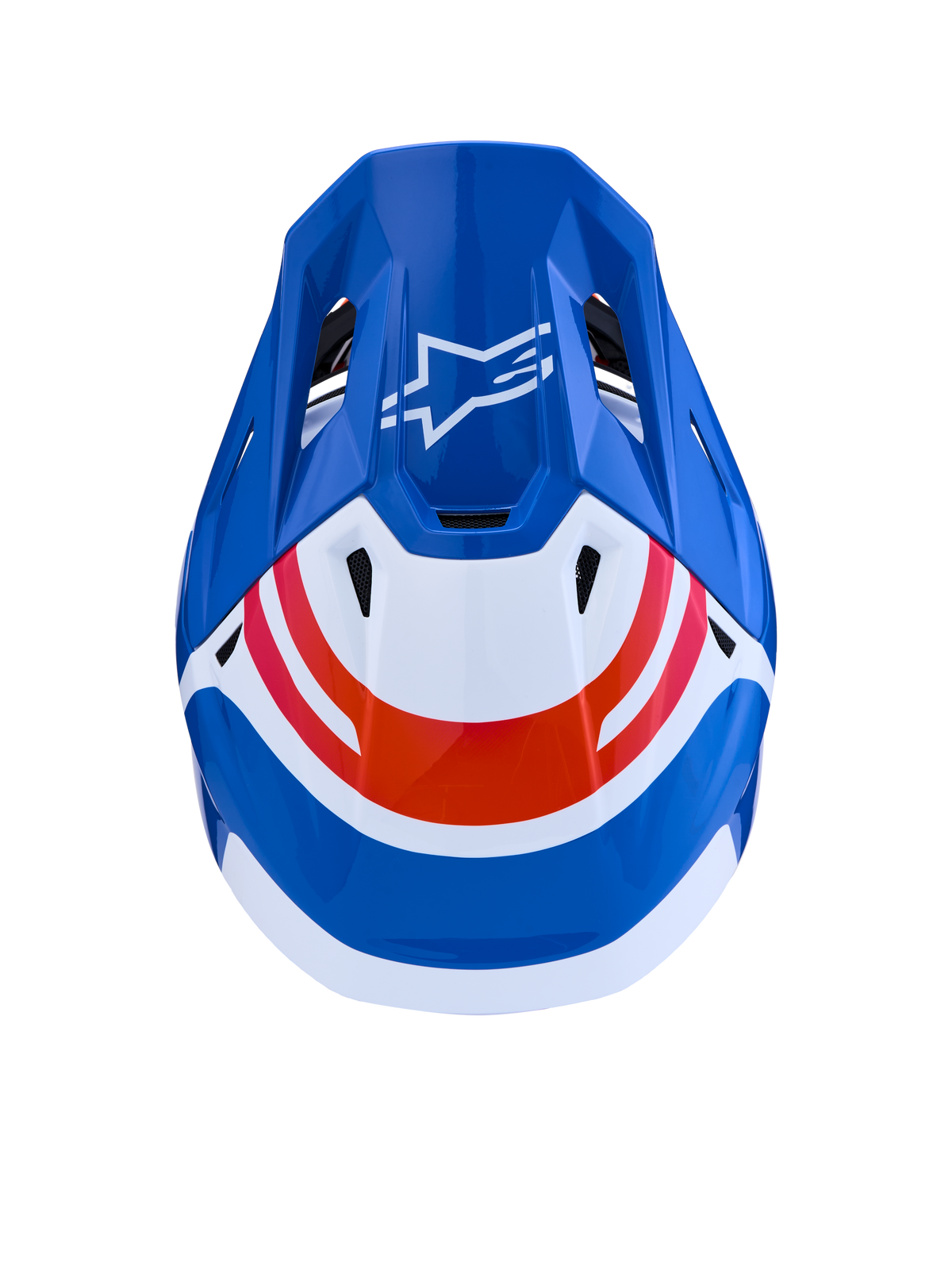 Casque Alpinestars S-M7 Core ECE06, casque de motocross bleu et blanc avec accents orange et logo Astar, vue de dessus.