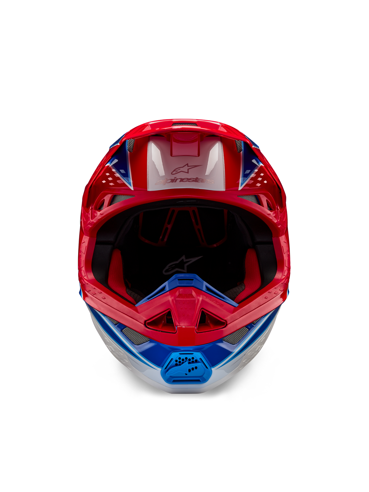 Casque Alpinestars Supertech M10 Aeon ECE 22.06, casque de motocross, rouge et bleu brillant, vue de face avec coque aérodynamique, mentonnière ventilée et rembourrage intérieur rouge, finition brillante pour la course tout-terrain.