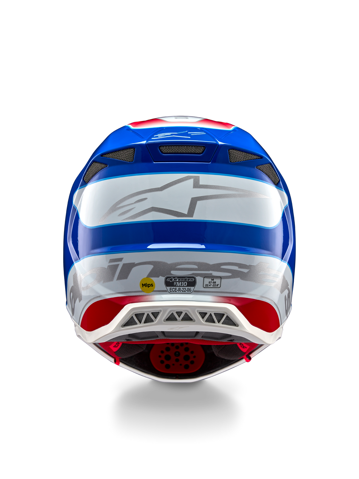 Casque Alpinestars Supertech M10 Aeon ECE 22.06, casque de motocross, vue arrière, finition brillante rouge et bleu vif, grand logo Alpinestars argenté, multiples orifices de ventilation, autocollants de sécurité MIPS et ECE, protection de course professionnelle