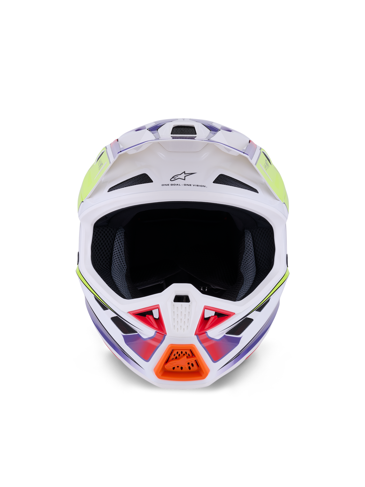 Casque Alpinestars S-M7 Fuse, casque de motocross, blanc, jaune fluo et violet brillant, vue de face avec multiples entrées d'air, coque composite aérodynamique et détail de mentonnière orange.