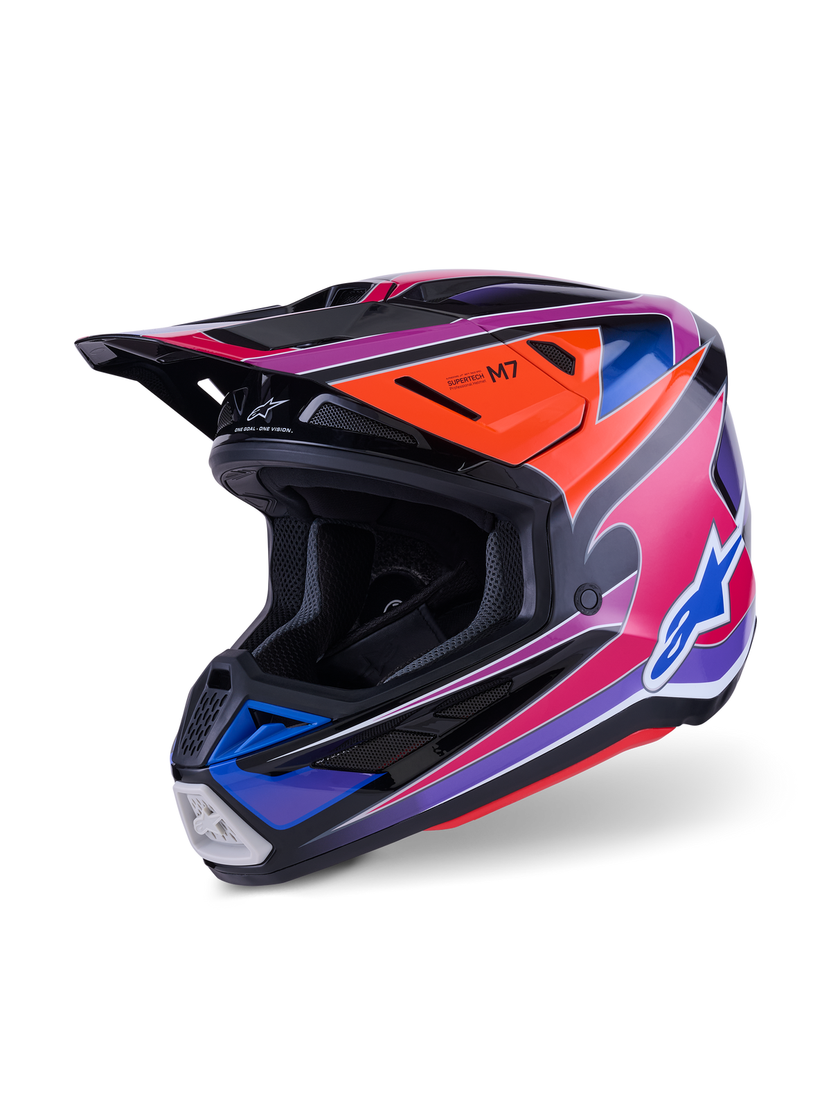 Casque Alpinestars S-M7 Fuse, casque de motocross, bleu, violet et rose brillant, doté de graphismes multicolores éclatants avec des accents orange et noir, coque au design aérodynamique avec multiples prises d'air, équipement de course tout-terrain professionnel