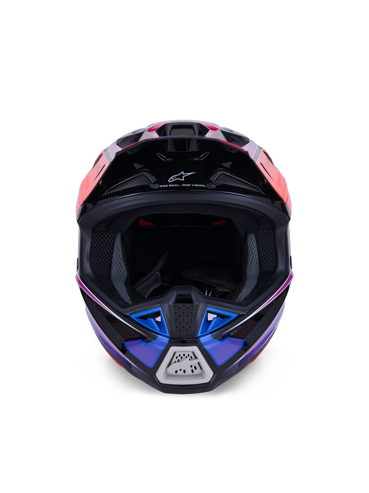 Casque Alpinestars S-M7 Fuse, casque de motocross, bleu, violet et rose brillant, vue de face montrant l'ouverture pour les yeux et la mentonnière ventilée, doté d'accents noirs et du logo Alpinestars, design aérodynamique pour la course tout-terrain