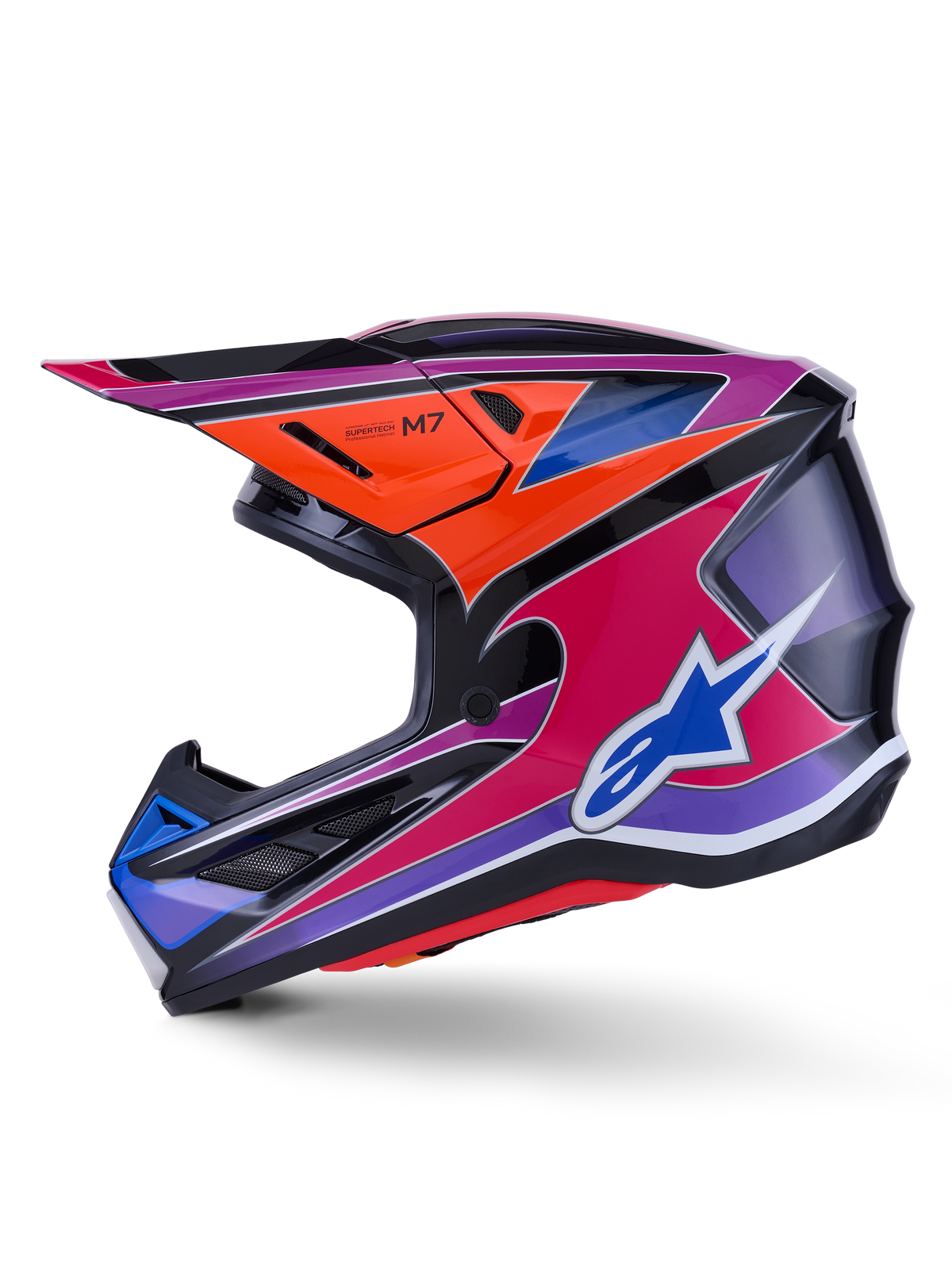 Casque Alpinestars S-M7 Fuse, casque de motocross, bleu, violet, rose et orange brillant, design graphique multicolore éclatant avec logo Alpinestars bleu, coque composite aérodynamique avec visière de protection et orifices de ventilation, équipement de course tout-terrain professionnel