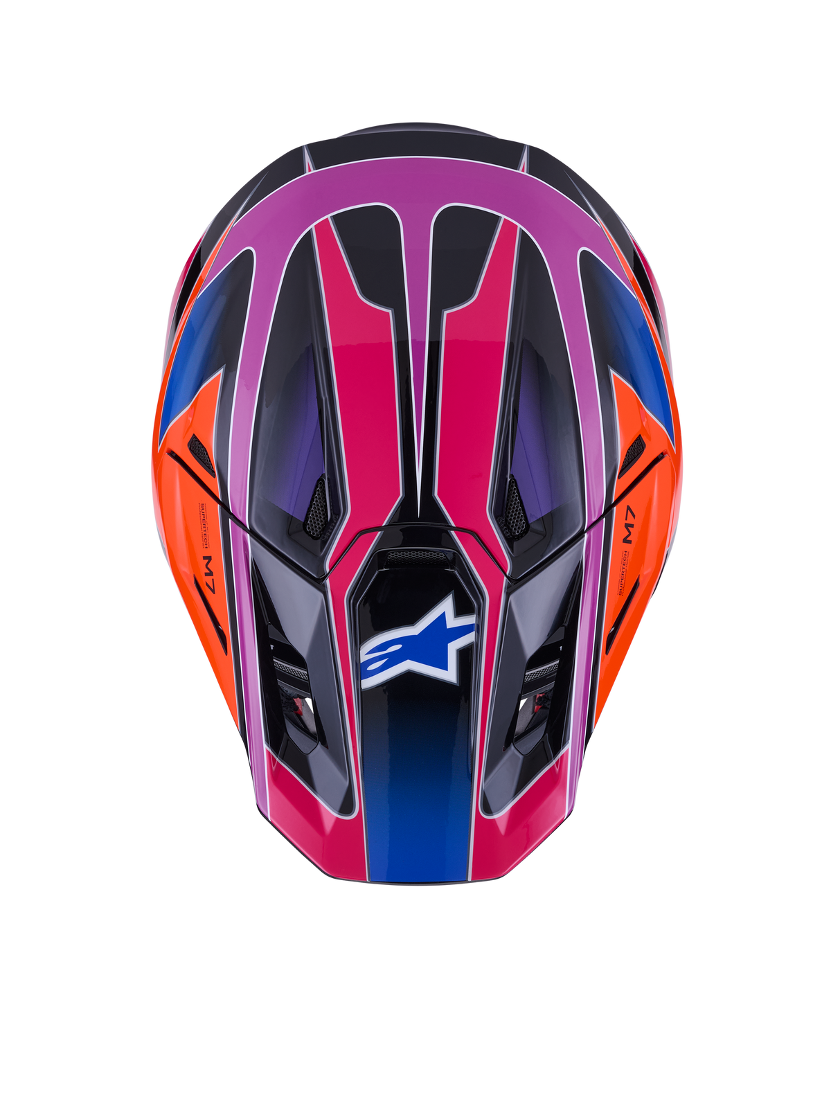 Casque Alpinestars S-M7 Fuse, vue de dessus, Bleu Violet Rose Brillant avec accents orange et noirs, motif géométrique éclatant, coque aérodynamique avec orifices de ventilation et logo Alpinestars sur la visière, équipement de sécurité pour motocross