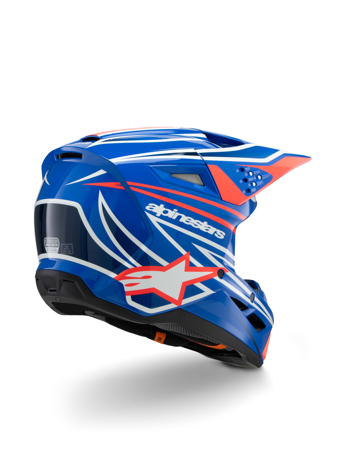 Casque Alpinestars S-M3 Youth Wurx, casque de motocross, bleu brillant avec motifs rouges, blancs et noirs, vue arrière de trois-quarts montrant la coque aérodynamique, les orifices de ventilation et le marquage Alpinestars, équipement de protection pour la course tout-terrain