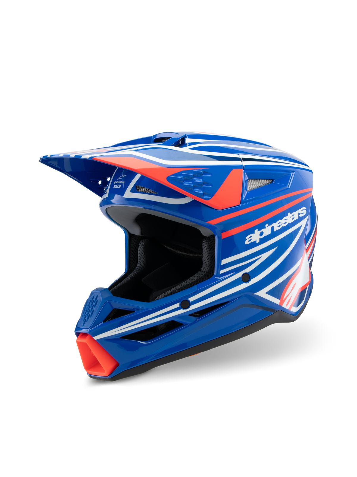 Casque Alpinestars S-M3 Youth Wurx, casque de motocross, bleu brillant avec graphismes rouges et blancs, design aérodynamique doté d'une visière proéminente et de multiples ports de ventilation, conçu pour le tout-terrain et le MX pour les jeunes pilotes
