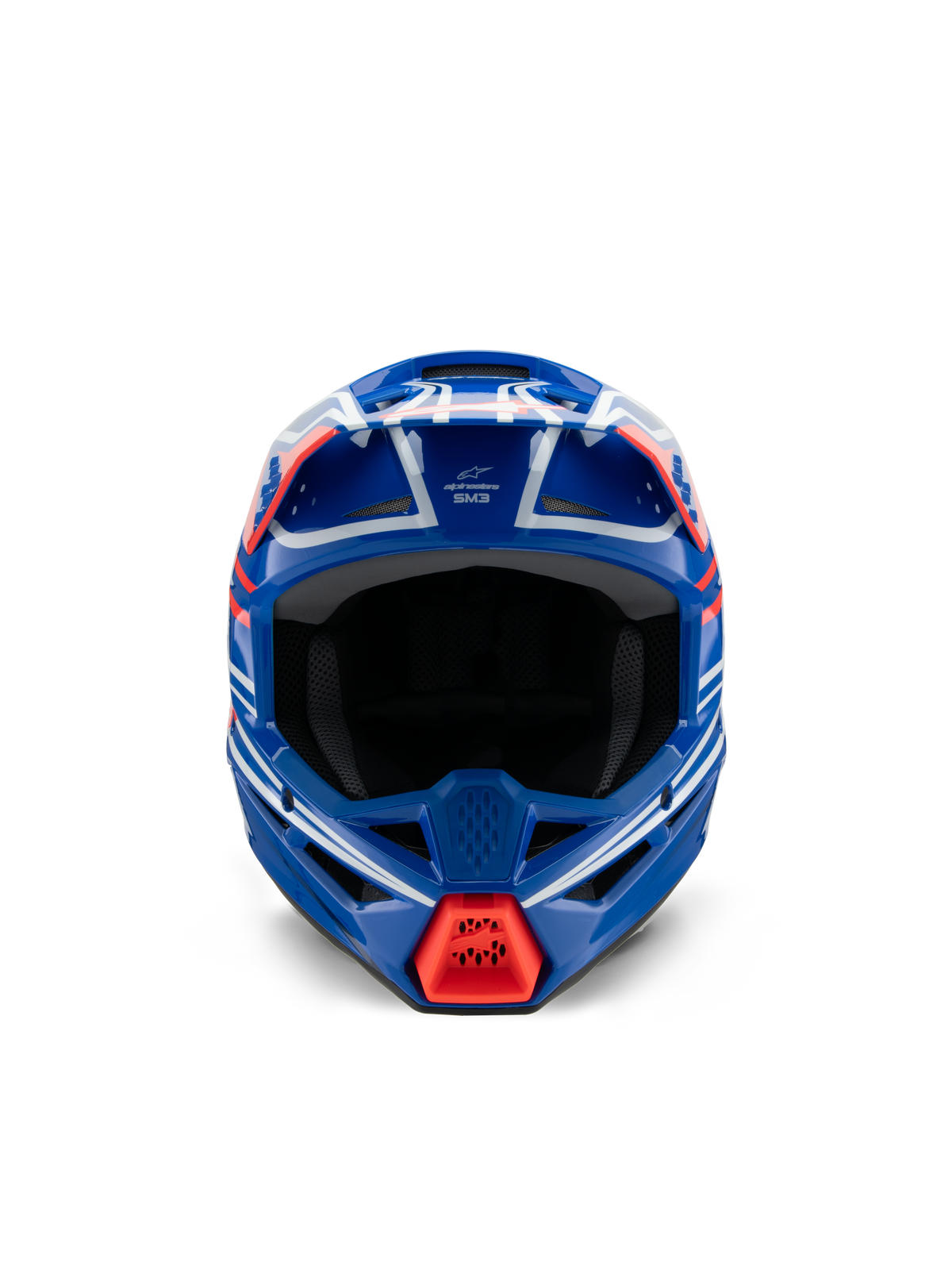 Casque Alpinestars S-M3 Youth Wurx ECE 22.06, casque de motocross, bleu, rouge, blanc et noir brillant, vue de face, doté d'une coque aérodynamique, de ports de ventilation et d'une prise d'air rouge vif sur la mentonnière, conçu pour la compétition tout-terrain junior