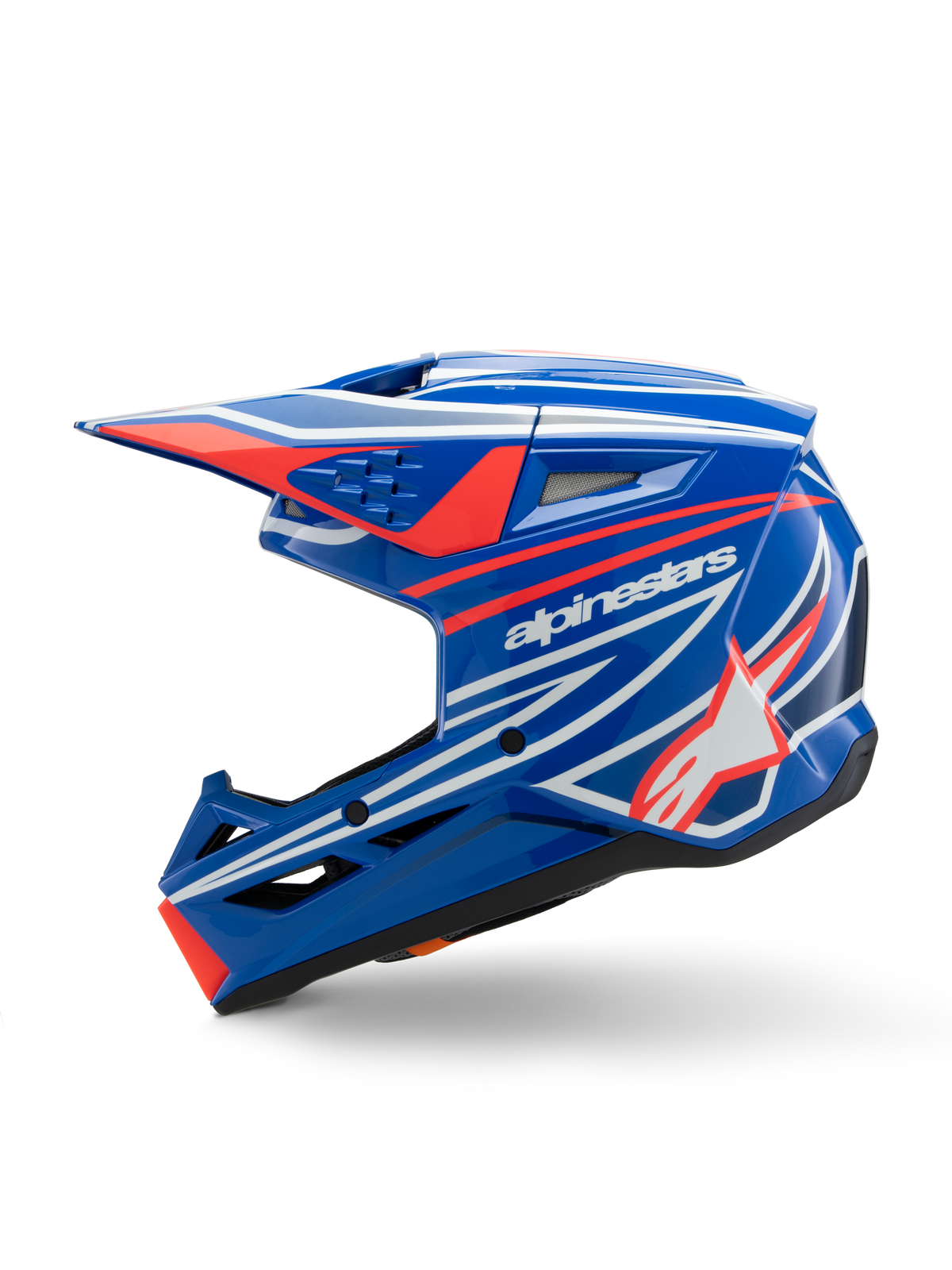 Casque Alpinestars S-M3 Youth Wurx, casque de motocross, bleu, rouge, blanc et noir brillant, avec des graphismes audacieux, le logo Alpinestars et l'étoile, vue de profil avec aérations aérodynamiques et visière intégrée, équipement de course tout-terrain