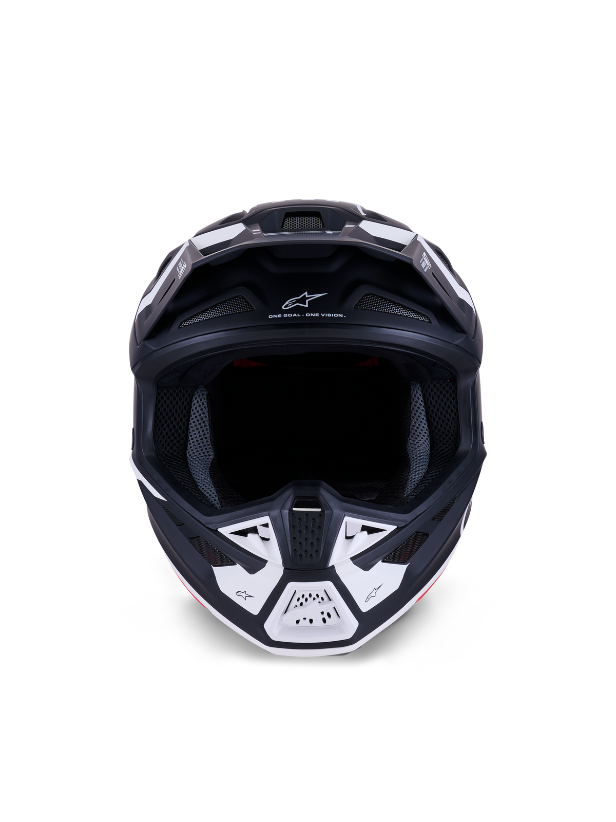 Alpinestars S-M7 Dasher Helmet ECE 22.06, Motocross Helmet, Matte Black and White, Front view showing ventilation ports and geometric graphics, features "ONE GOAL - ONE VISION" text, professional off-road racing protection