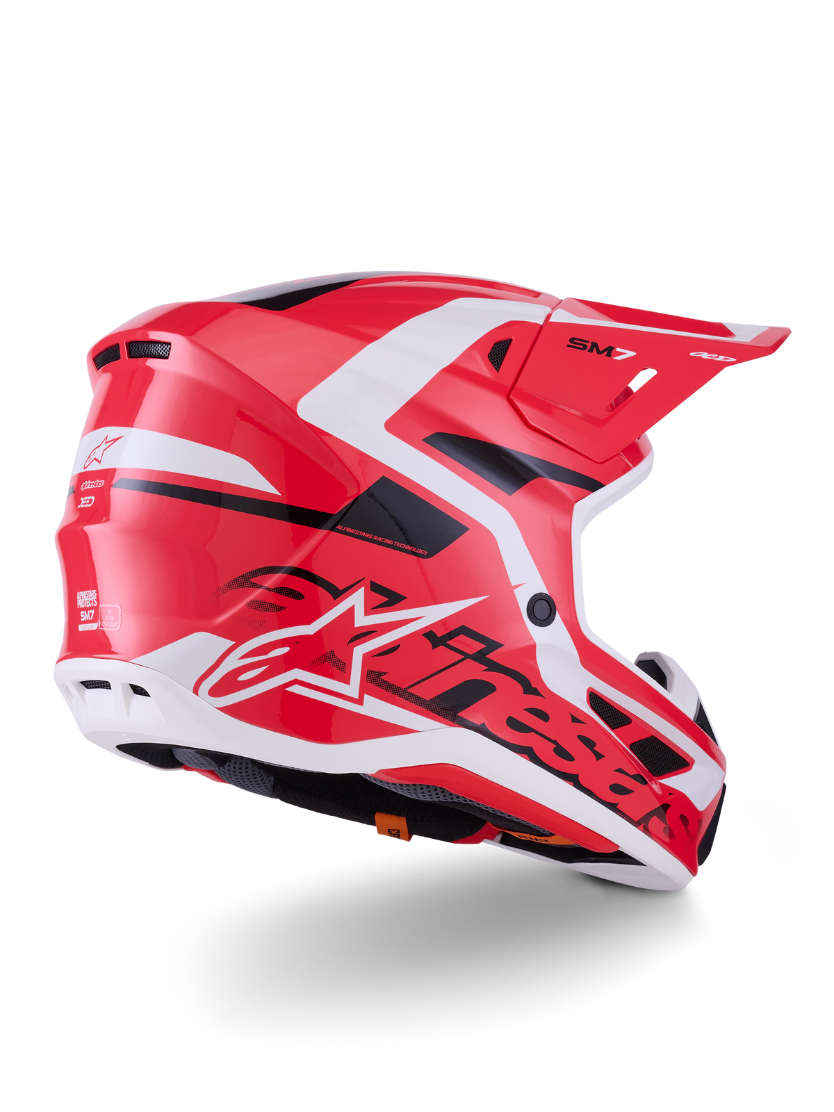 Casque Alpinestars S-M7 Deed, casque de motocross, rouge, noir et blanc brillant, doté d'une coque aérodynamique avec ports de ventilation et d'un logo Alpinestars audacieux, vue de trois-quarts arrière