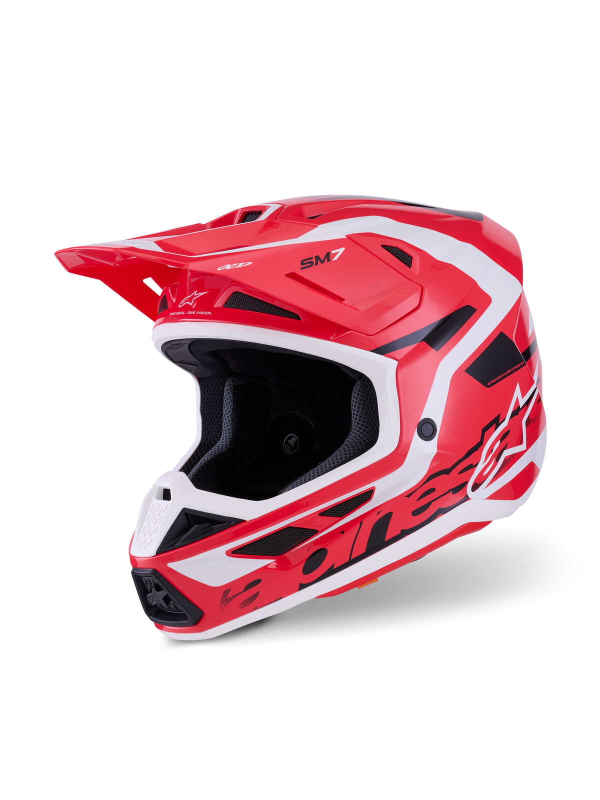 Casque Alpinestars S-M7 Deed, casque de motocross, rouge, noir et blanc brillant, doté d'une coque aérodynamique élégante avec un marquage audacieux, des ports de ventilation intégrés et une visière de protection pour la course tout-terrain