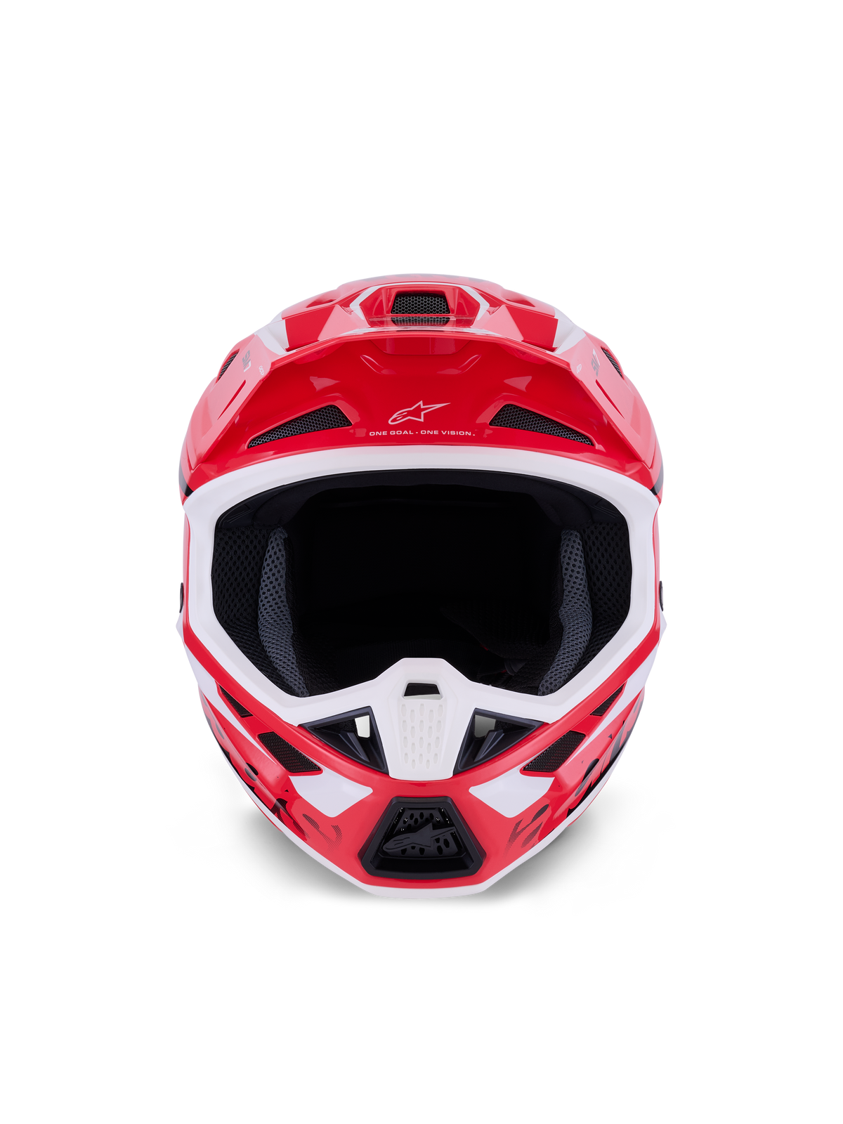 Casque Alpinestars S-M7 Deed, casque de motocross, rouge, noir et blanc brillant, vue de face montrant la large ouverture et la mentonnière ventilée, arborant le logo et la devise Alpinestars sur la visière, conçu pour la protection en course tout-terrain