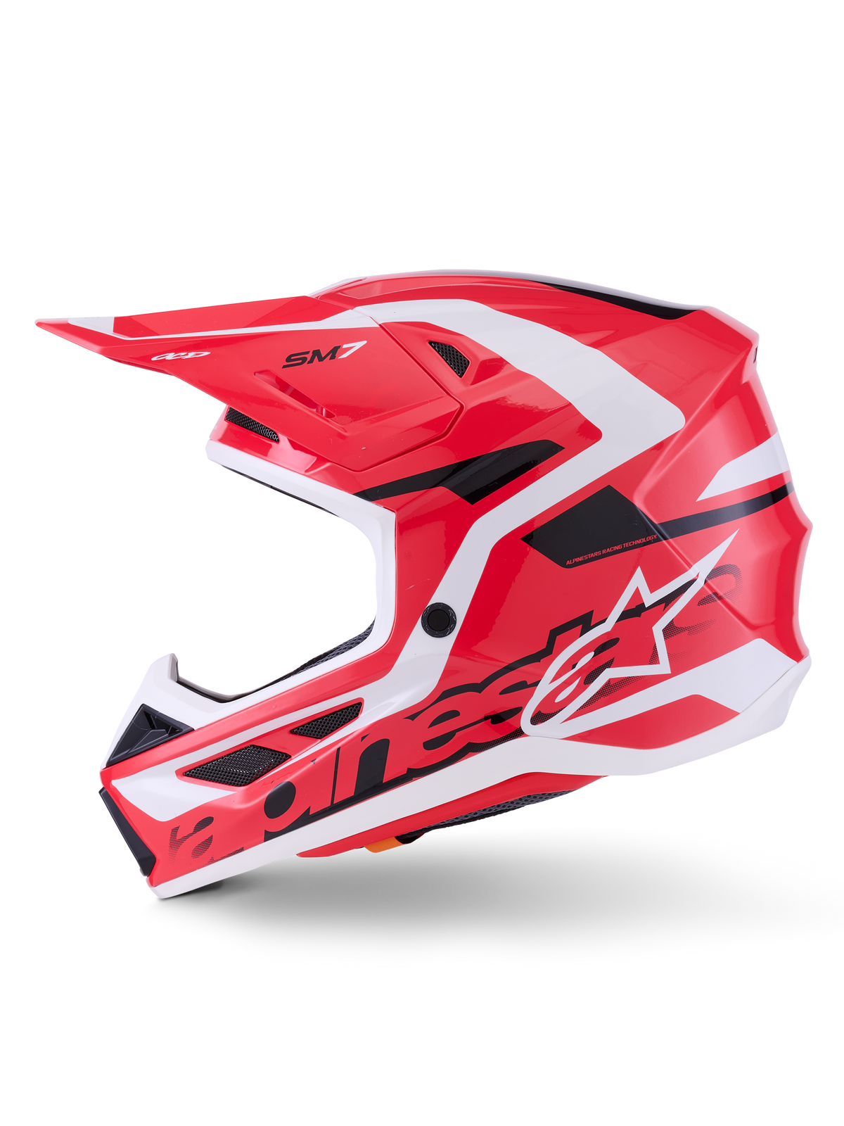 Alpinestars S-M7 Deed Helmet ECE 22.06, casque de motocross, rouge, noir et blanc brillant, vue de profil montrant la coque composite aérodynamique, les aérations et le logo Alpinestars, conçu pour la protection en course tout-terrain