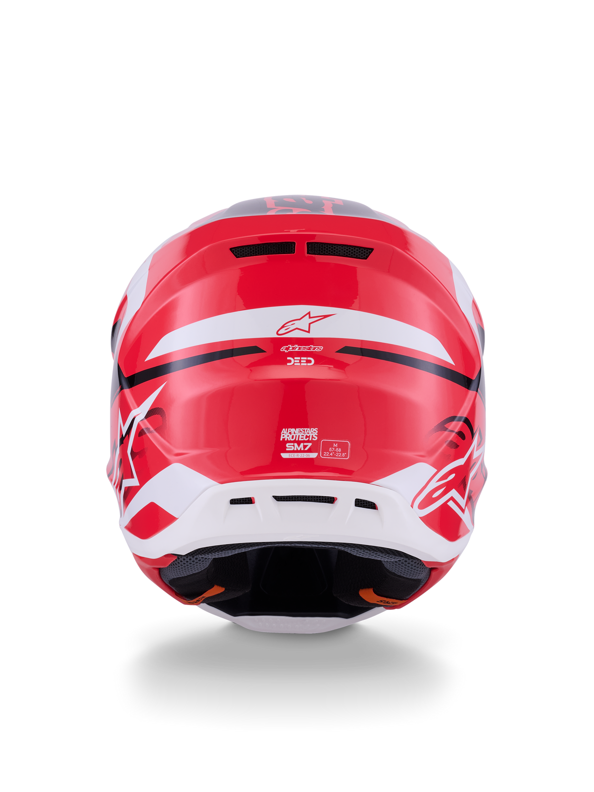 Casque Alpinestars S-M7 Deed, vue arrière, rouge, noir et blanc brillant, doté d'une coque composite profilée, d'extracteurs d'air arrière et du logo Alpinestars, protection de tête professionnelle pour le motocross