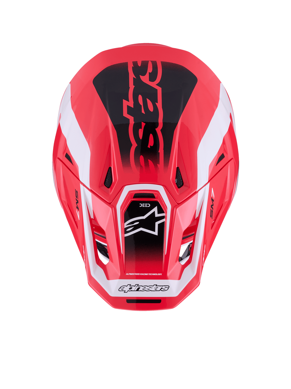 Casque Alpinestars S-M7 Deed, casque de motocross, rouge, noir et blanc brillant, vue de dessus montrant la coque composite aérodynamique et les ports de ventilation, avec le logo Astars et un marquage audacieux, équipement de course professionnel tout-terrain
