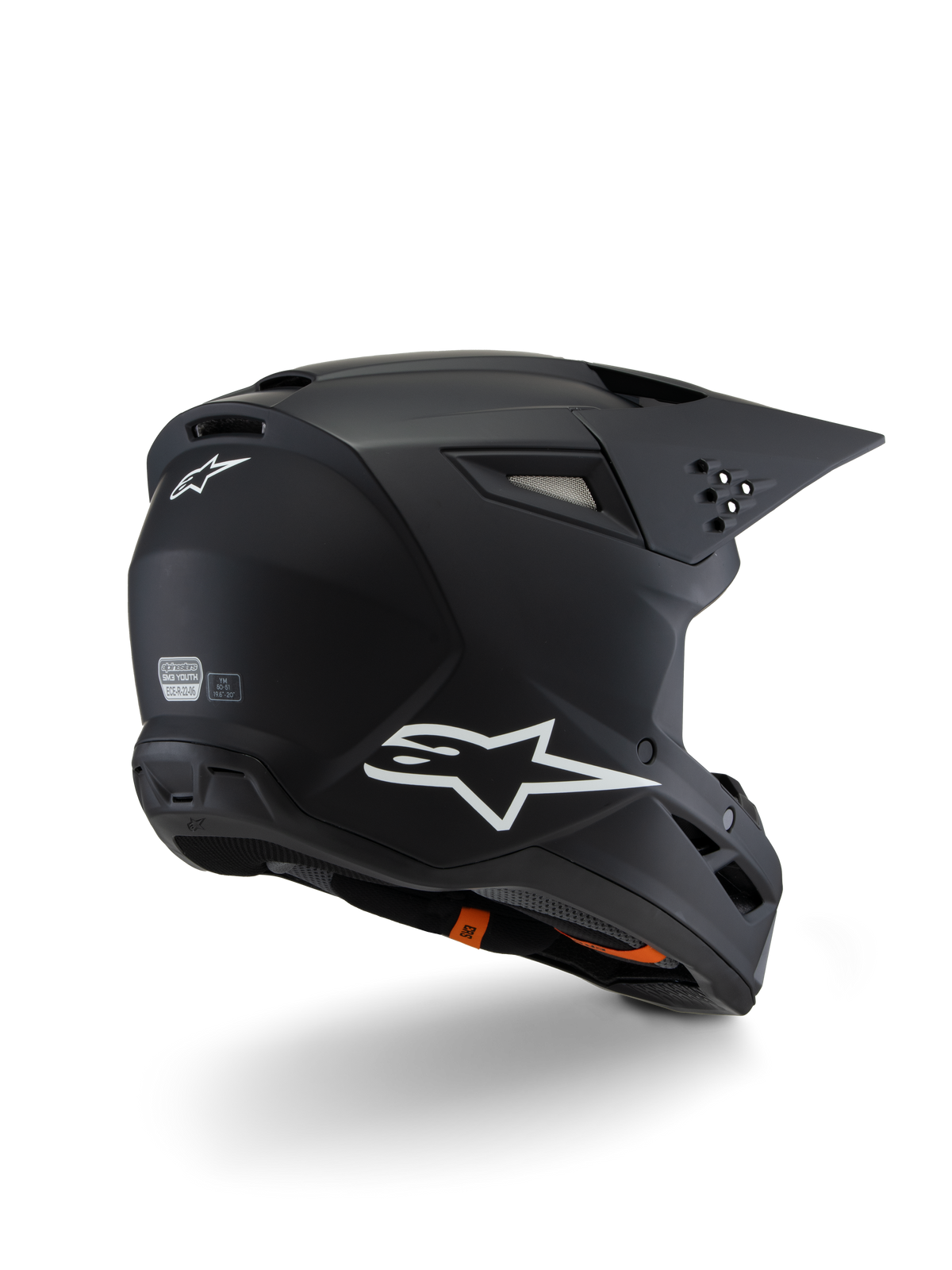 Alpinestars S-M3 Youth Solid Helmet ECE 22.06, casque de motocross, noir mat, vue de trois-quarts arrière avec logos Alpinestars blancs, design de coque épuré avec visière intégrée et orifices de ventilation, équipement de protection tout-terrain pour enfant