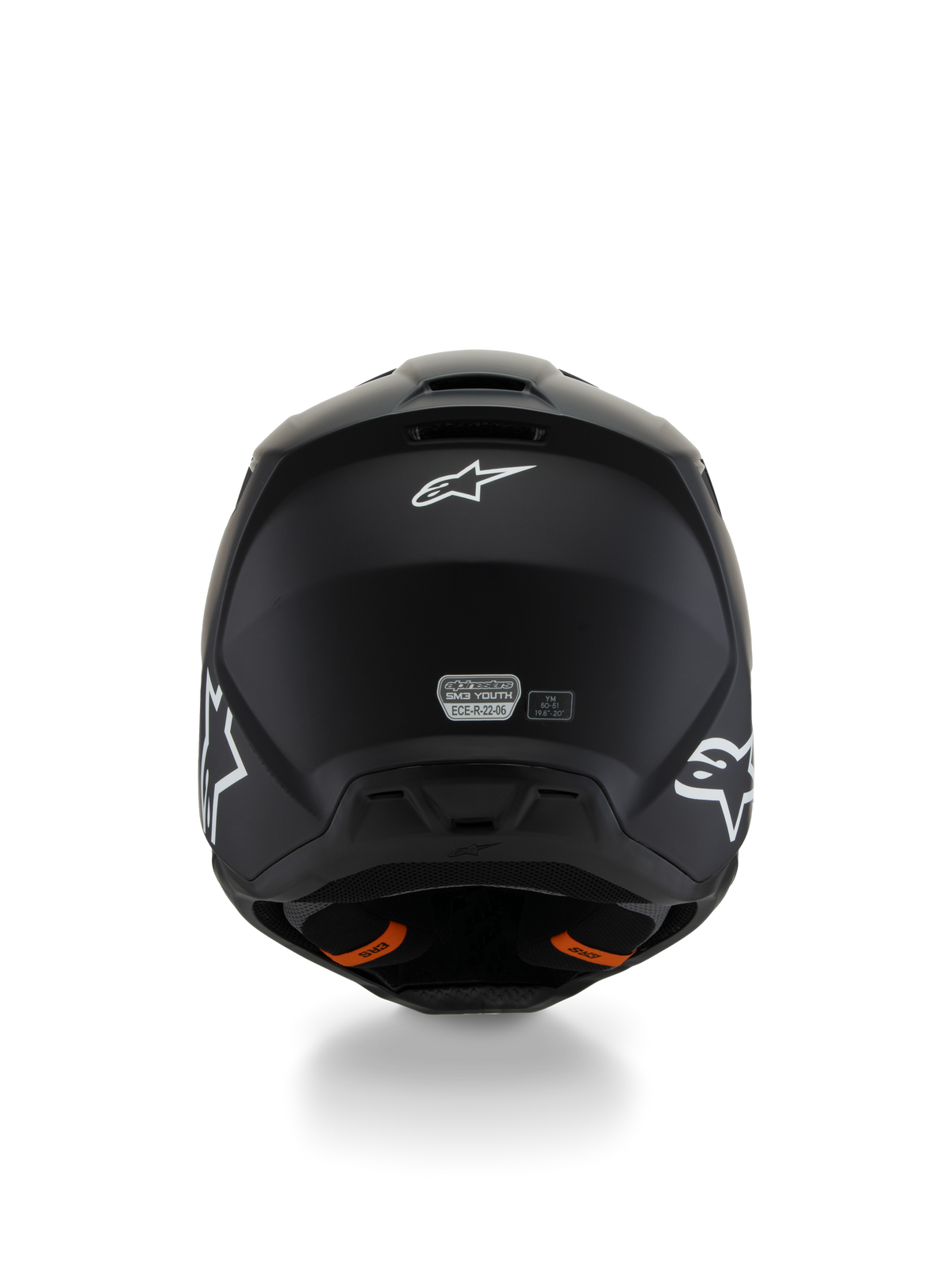 Alpinestars S-M3 Youth Solid Helmet ECE 22.06, casque de motocross, noir mat, vue arrière montrant les logos étoiles blancs et l'autocollant de certification ECE, languettes orange du système de libération d'urgence, coque de protection profilée pour les jeunes pilotes