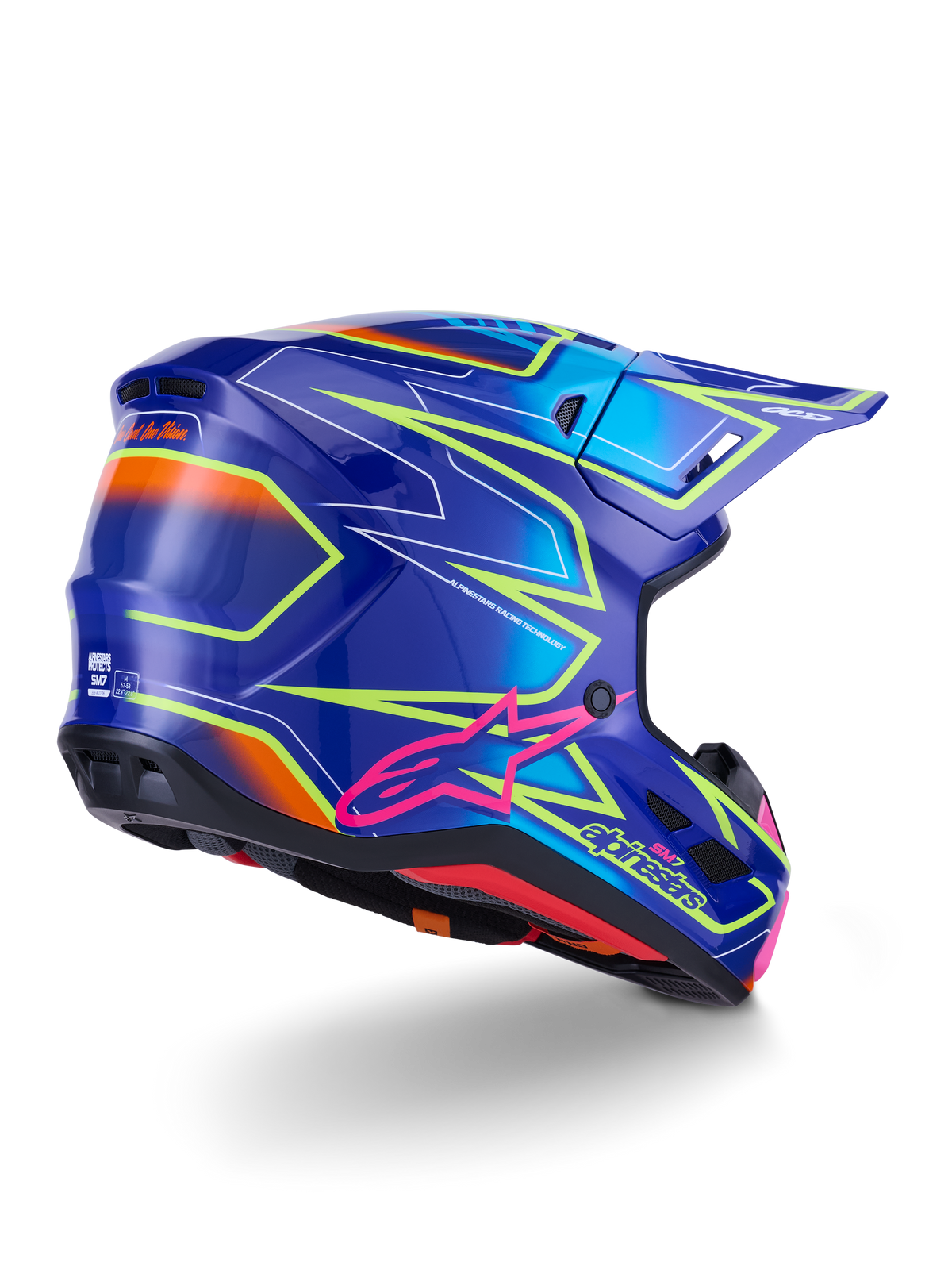 Alpinestars S-M7 Cast Helmet, Motocross Helmet, Blue Pink and Yellow Fluo Glossy, rear three-quarter view showing aerodynamic shell with bold angular graphics, pink Astar logo, and integrated ventilation ports for off-road racing