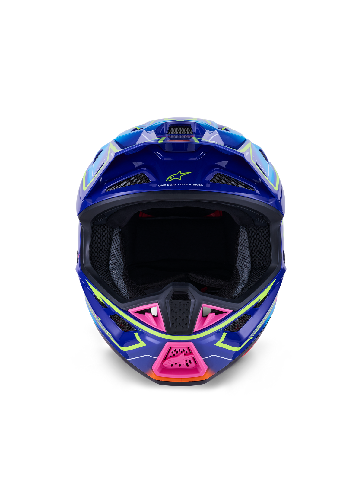 Alpinestars S-M7 Cast Helmet ECE 22.06, Motocross Helmet, Blue Pink and Yellow Fluo Glossy, front-facing view showing aggressive aerodynamic shell, ventilated chin guard with pink accents, and wide eye port for off-road racing