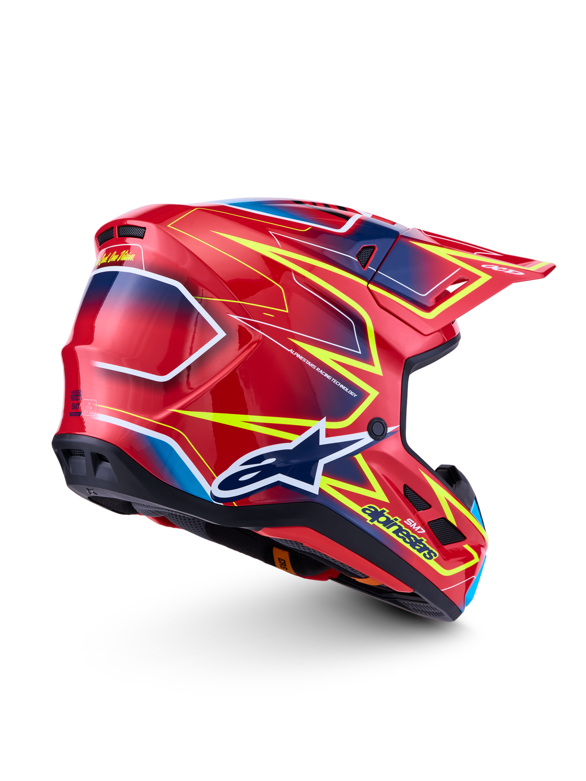 Alpinestars S-M7 Cast ECE06, casque de motocross pour la compétition, rouge et jaune fluo, finition brillante, certifié ECE 22.06, vue arrière montrant le profil aérodynamique.