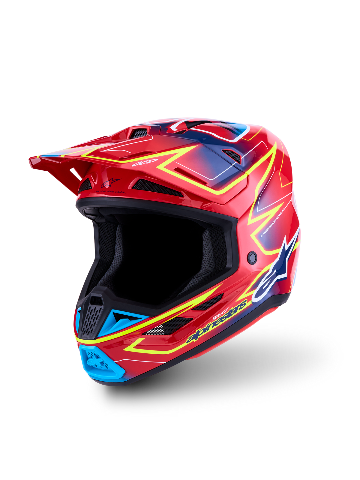 Alpinestars S-M7 Cast ECE06, casque de motocross tout-terrain, rouge avec accents jaune fluo et bleu, certifié ECE 22.06, coque en composite légère avec design aérodynamique