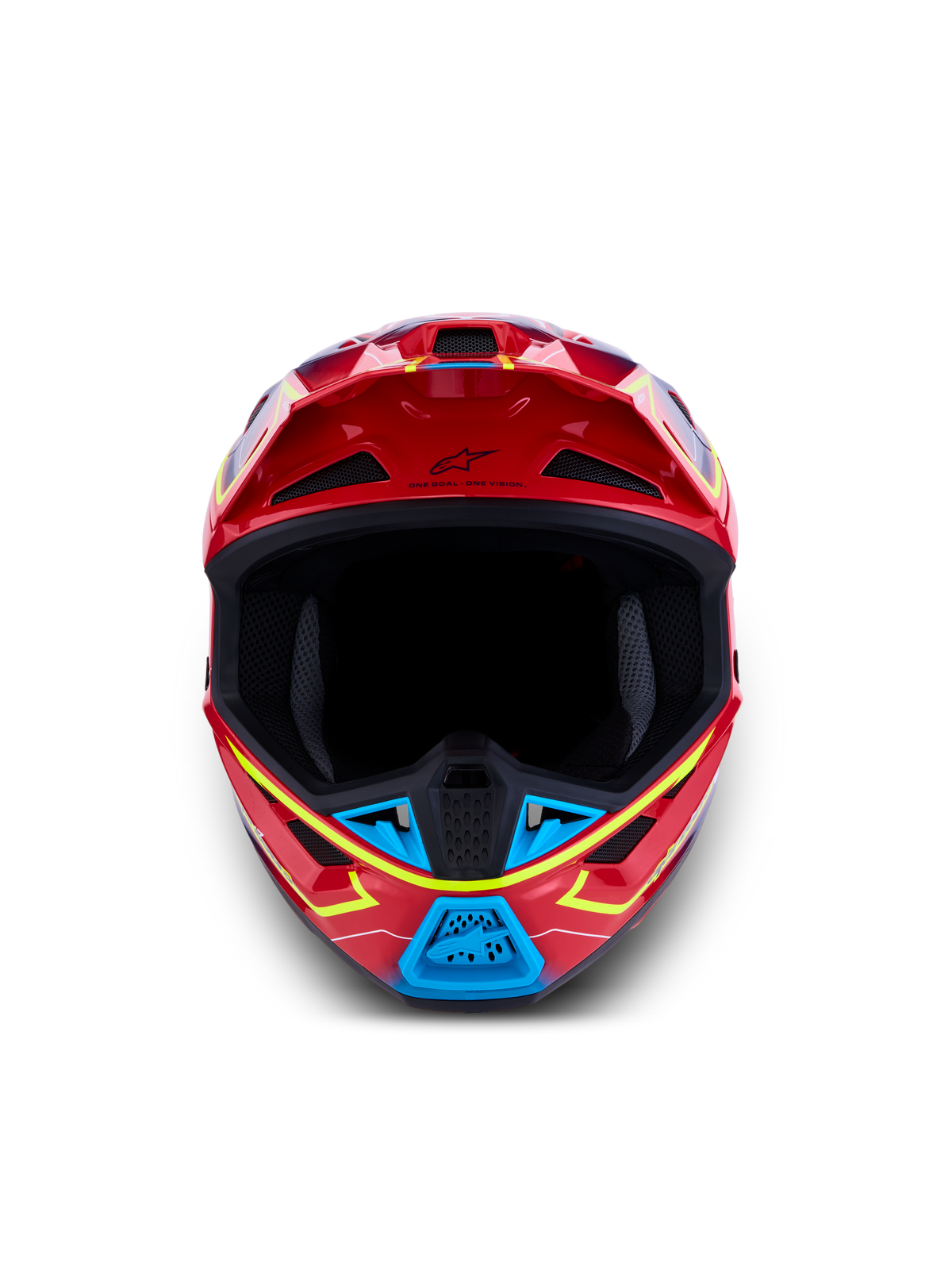 Alpinestars S-M7 Cast, casque de motocross pour homme, rouge et bleu avec des accents jaune fluo, certifié ECE 22.06, vue de face avec design aérodynamique et ports de ventilation