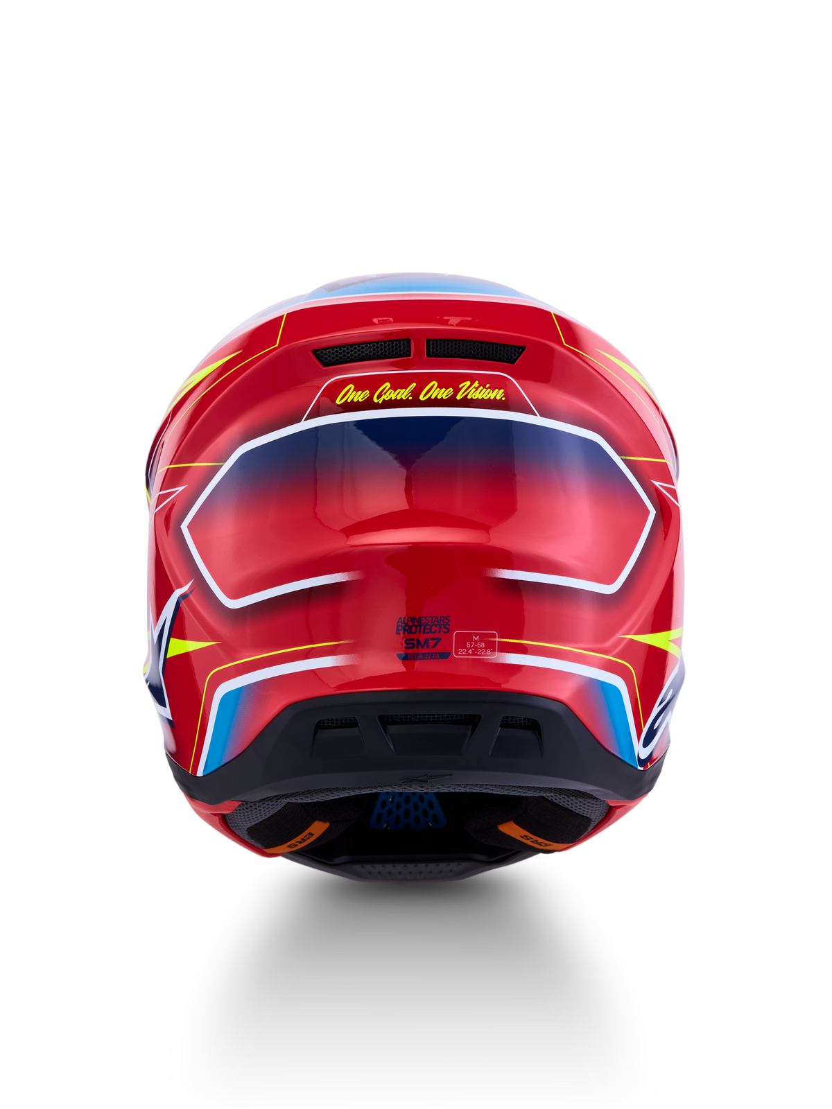 Casque Alpinestars S-M7 Cast ECE06, casque de motocross rouge et bleu, vue arrière profilée au design brillant.