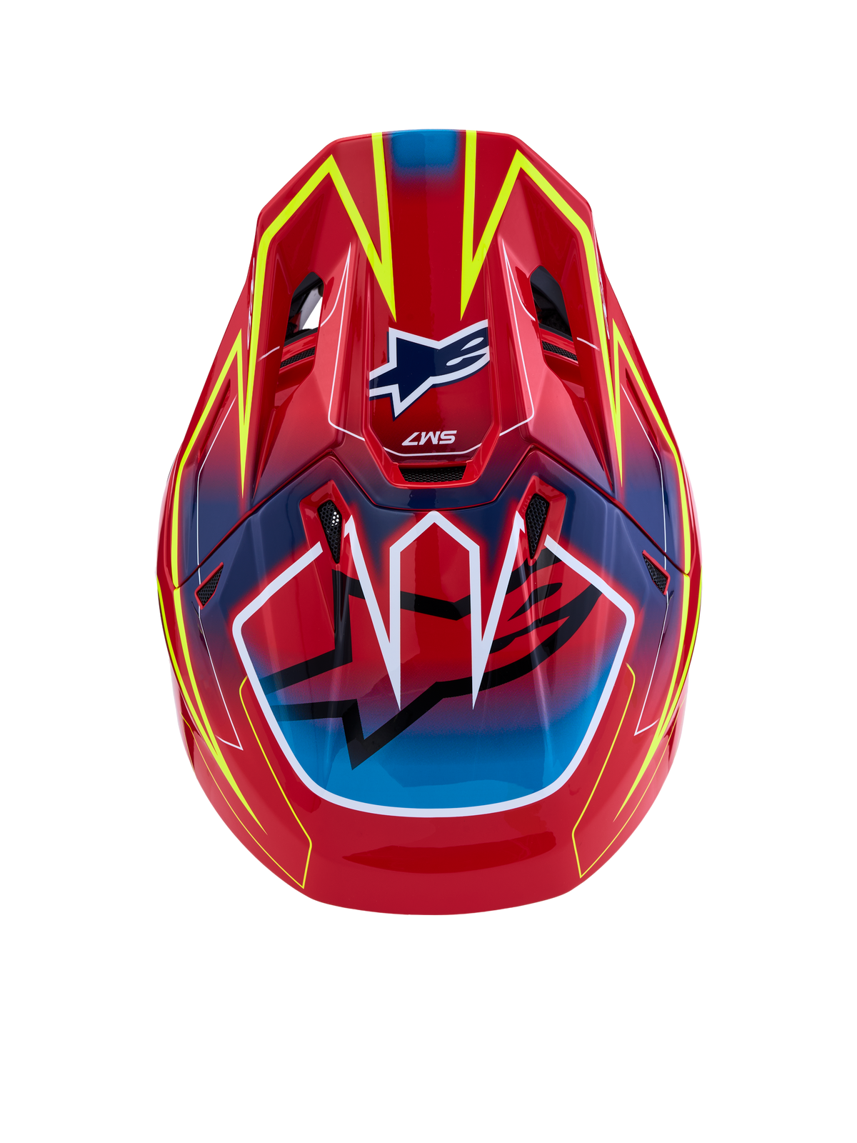 Alpinestars S-M7 Cast ECE06, casque de motocross, rouge, jaune fluo et bleu brillant, coque composite certifiée ECE 22.06, vue de dessus