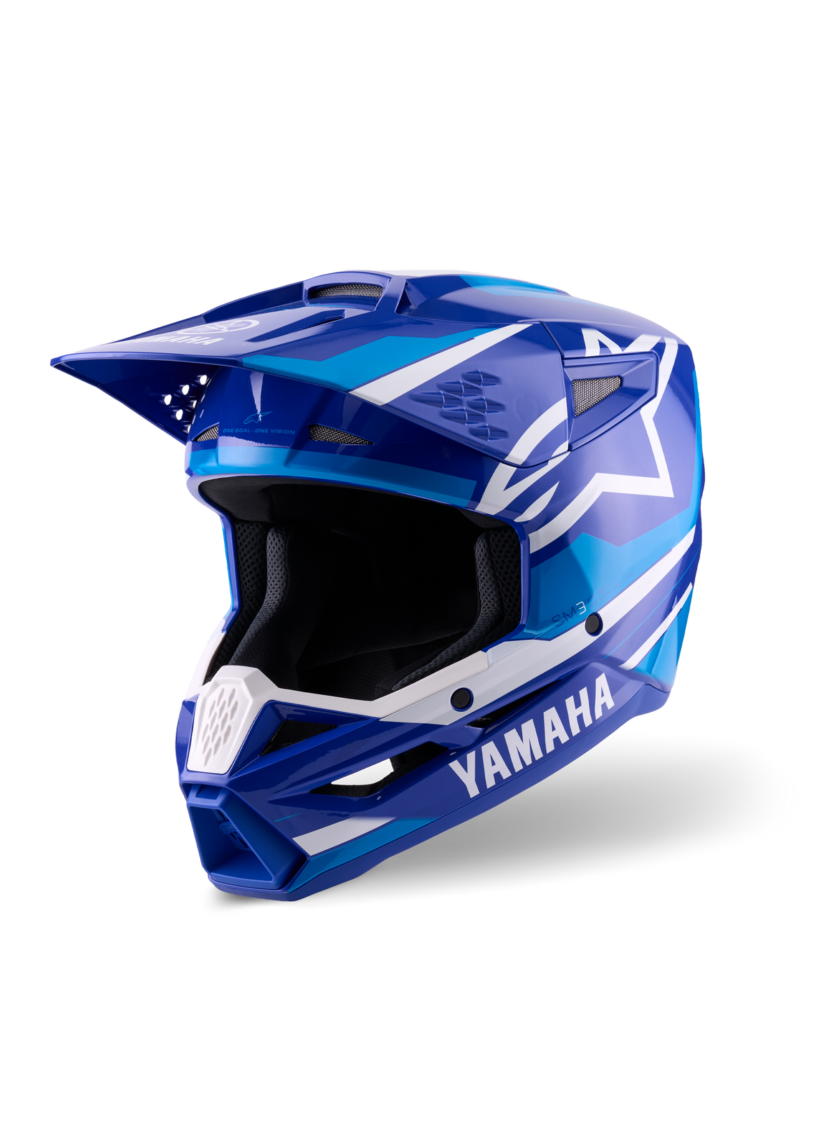 Casque Alpinestars Yamaha S-M3, casque de motocross, bleu et blanc brillant, arborant le marquage Yamaha et le logo étoile Alpinestars, design angulaire avec visière et mentonnière ventilée, équipement de course tout-terrain professionnel